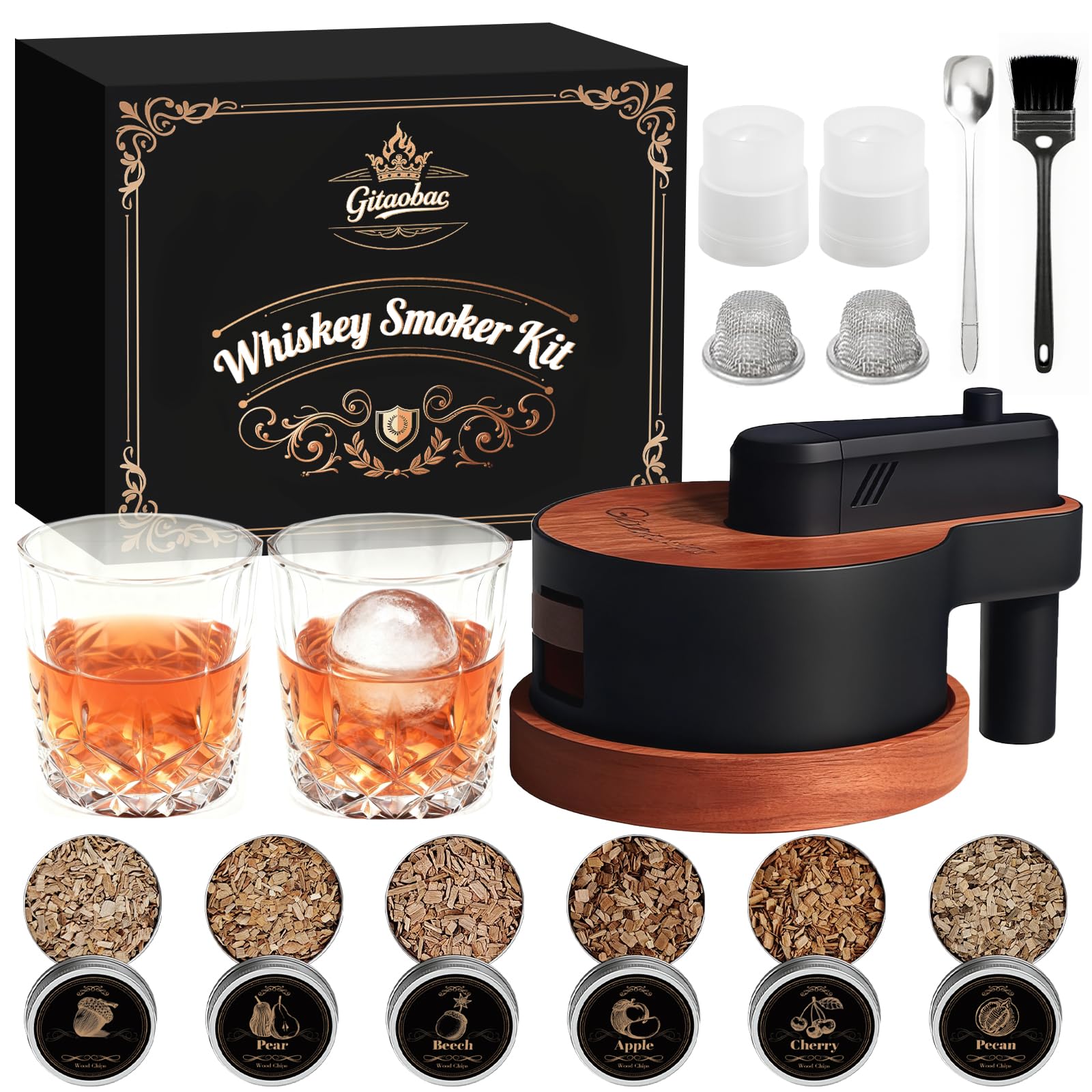 Whiskey-Smoker-Set mit integriertem Feuerzeug, 6 Sorten Holzspäne, 2 Gläser, 2 Eisballformen, Cocktail-Smoker-Set, Weihnachts- und Geburtstagsgeschenk für Männer, Vater, Ehemann (OHNE Butan) (braun)