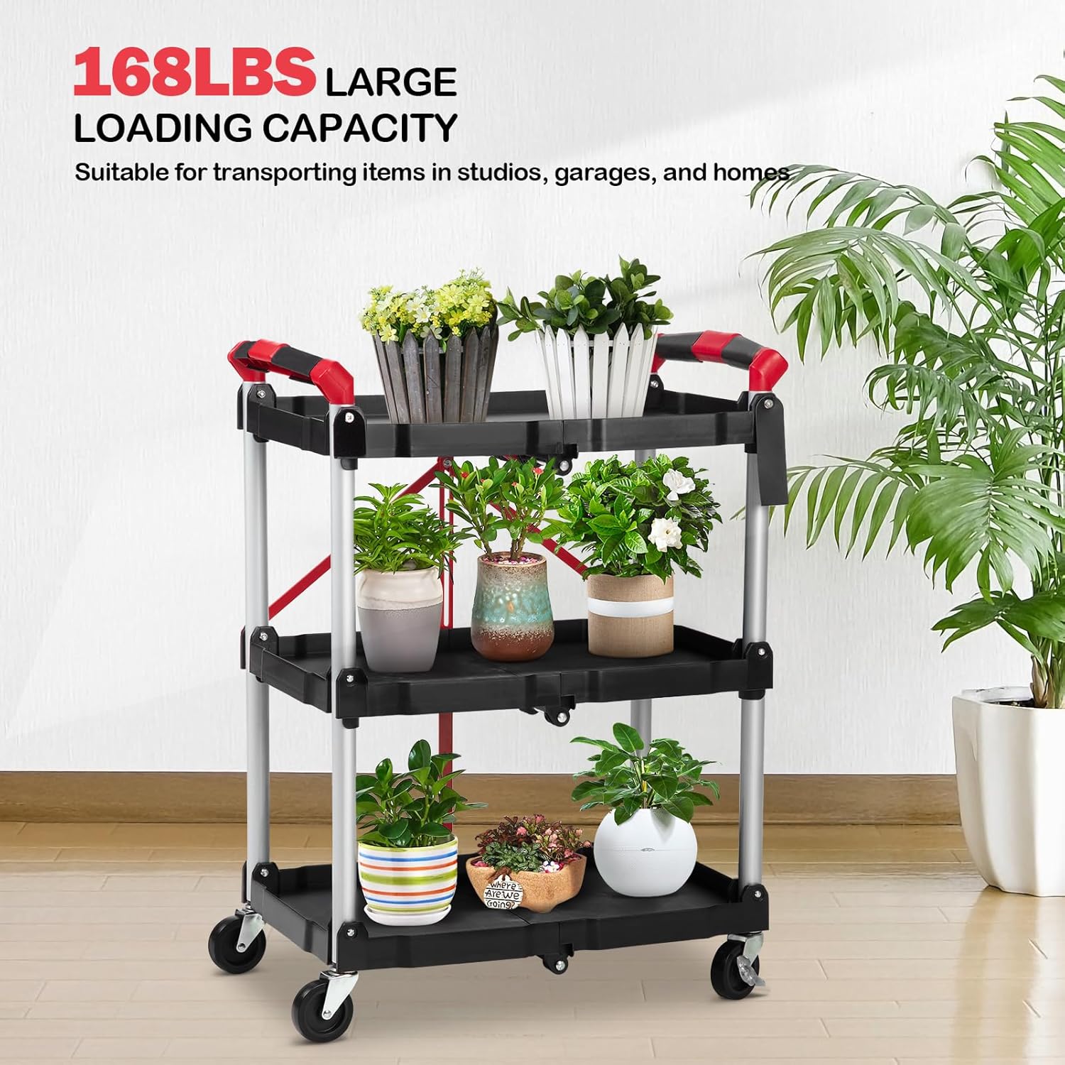 PioneerWorks Folding Utility Service Cart, Collapsible Cart with Wheels, 3 Tier Rolling Utility Cart, Folding Cart with Wheels Collapsible, Service Cart for Tool, Grocery, Bar, Garage, Kitchen, Office