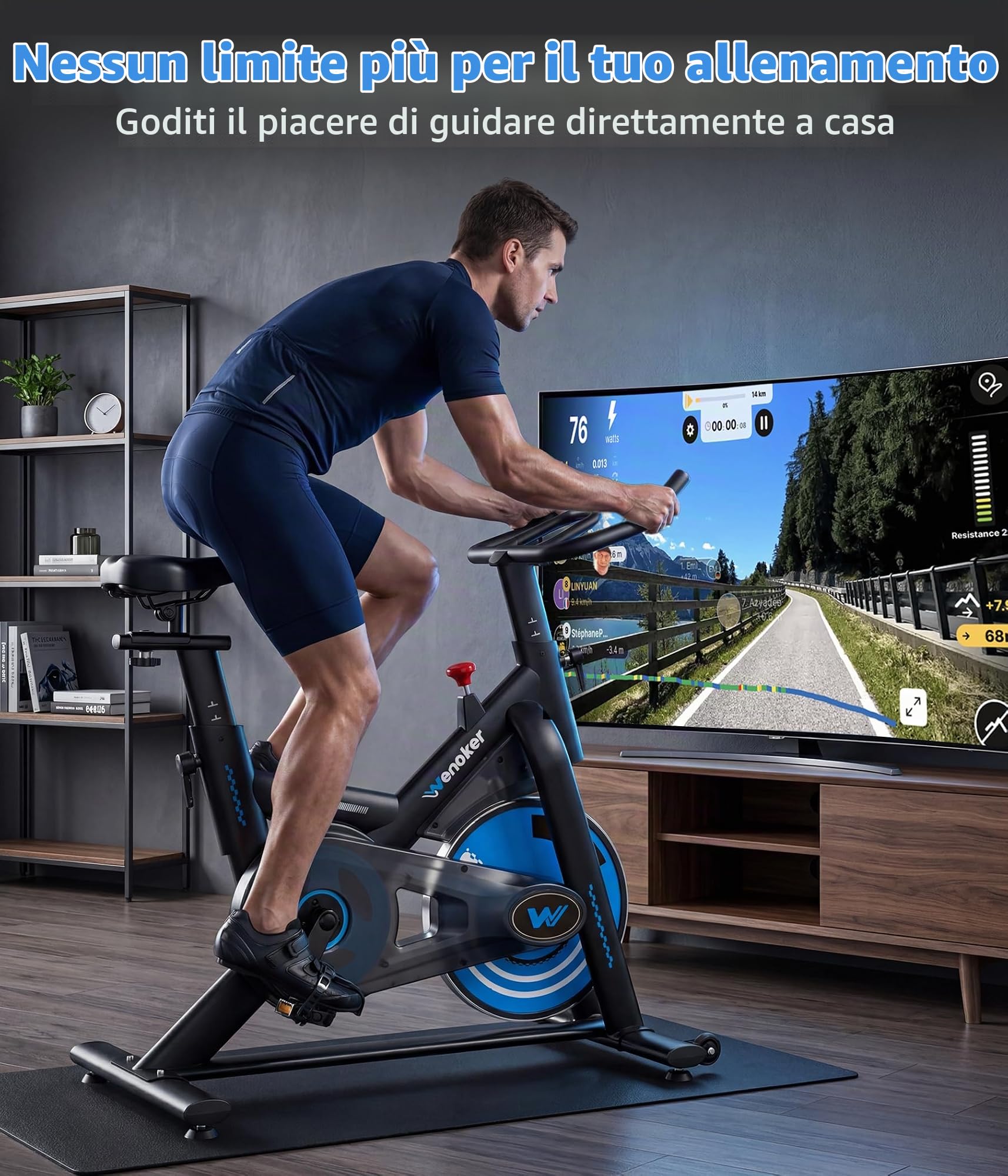 WENOKER Cyclette con app e resistenza regolabile, silenziosa, con display LCD, per interni, ergometro fino a 160 kg, per allenamento cardio, a casa