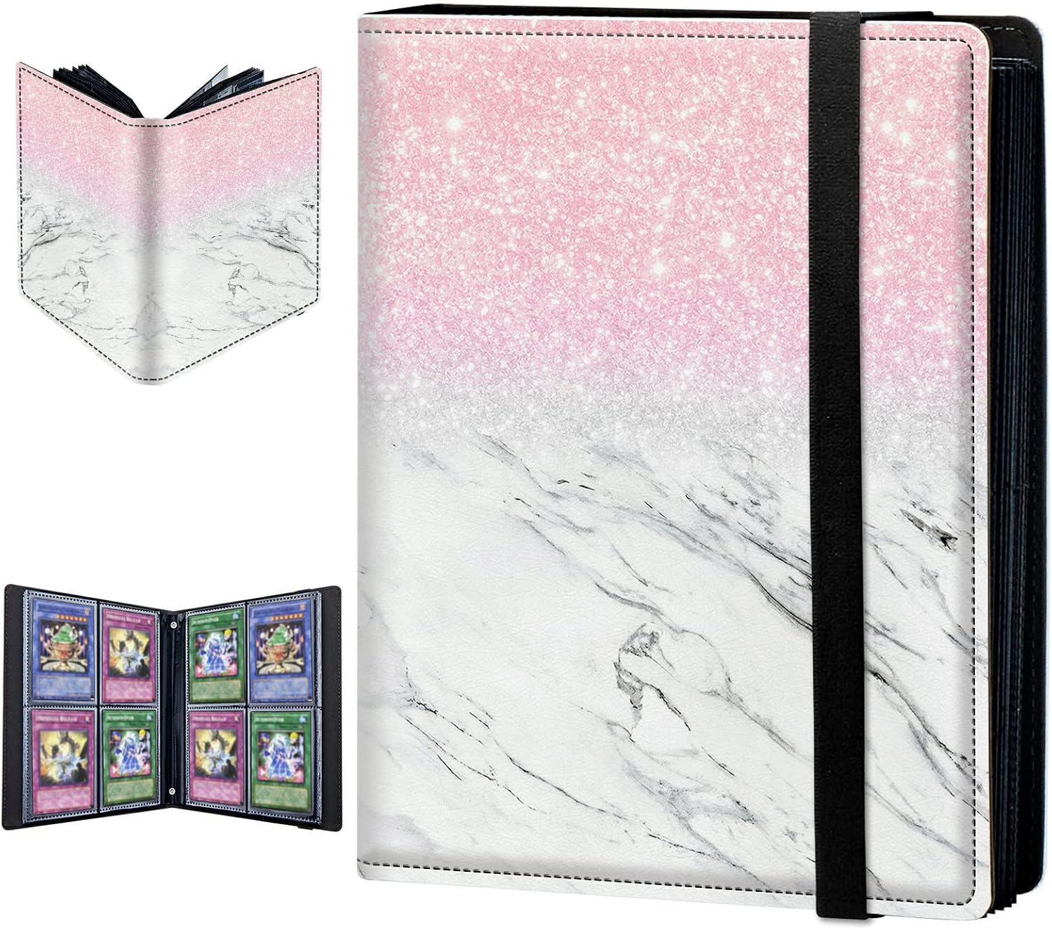 Trading Card Binder, 4 Pocket Trading Cards Album Display Holder, 160 Cards Double Sided Pockets Card Holder Binder Sleeves Card Case for Standard Size Cards Sports Cards,Pink Glitter Marble
