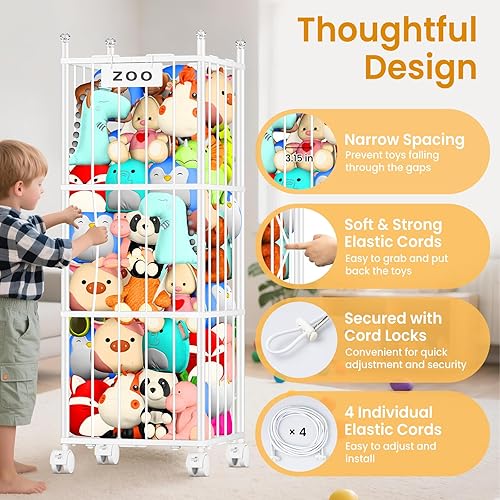 Miniatura 5 de TomCare Organizador de almacenamiento de metal extra grande para animales de peluche, con 4 ruedas bloqueables, ahorro de espacio, soporte para