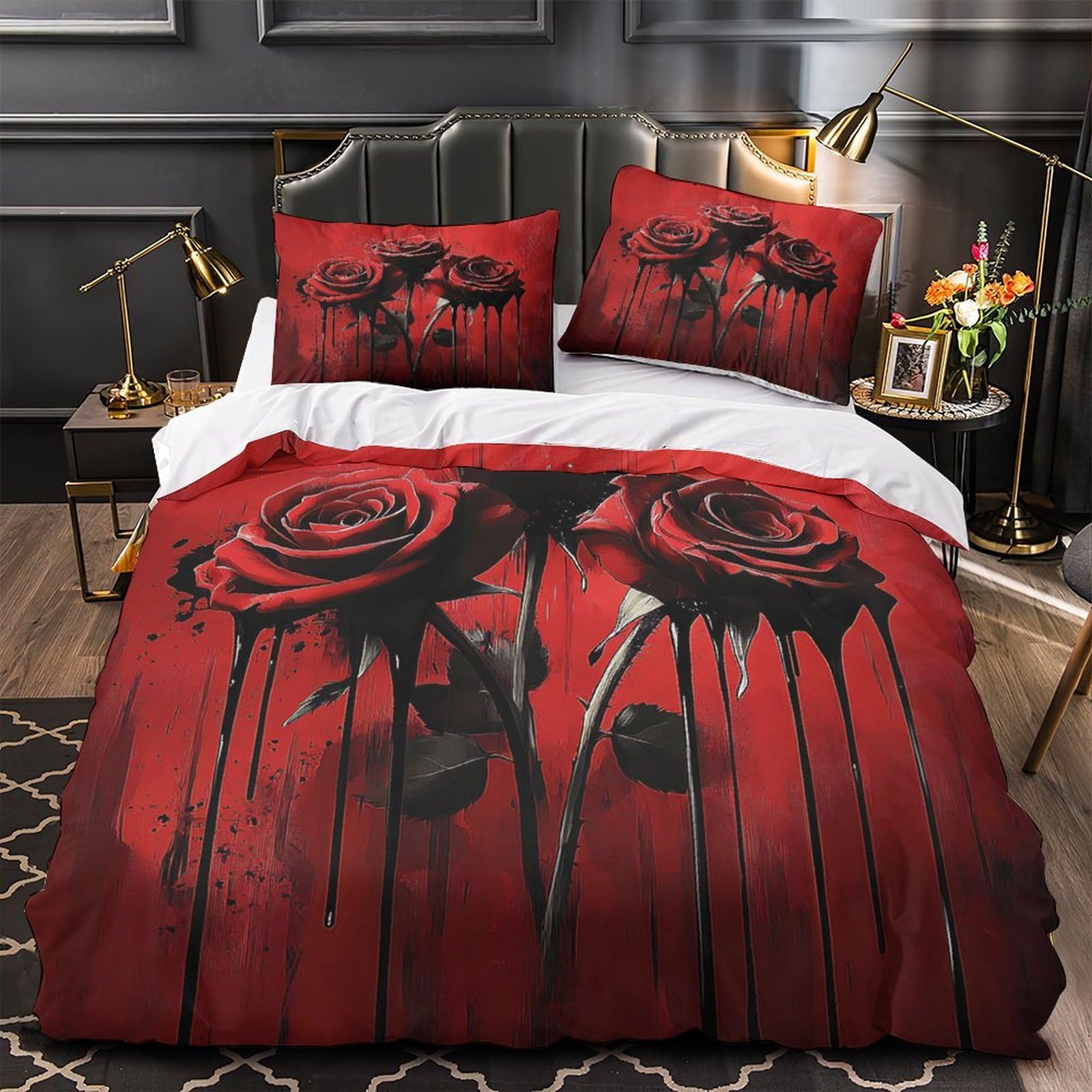 Blutige Rosen 3-teiliges Pflegeleichtes Polyester Gotische Kunst Stil Kinderbettbezugset, 2 Kissenbezug, Unsichtbarer Reißverschluss, Babysicher King（220x240cm）
