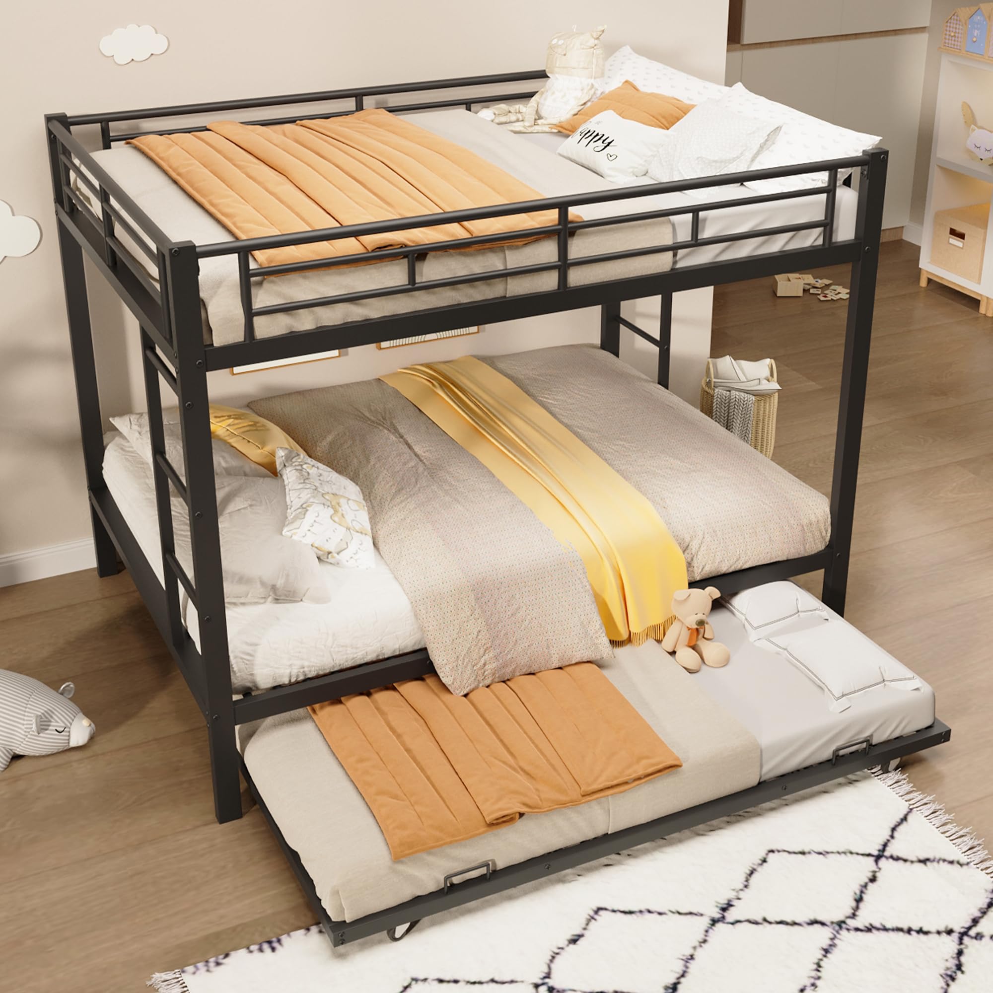 Moimhear 140x200cm, litera, cama de hierro, cama infantil, equipada con cama nido (90x190cm), barandillas altas, sin colchón (Negro)