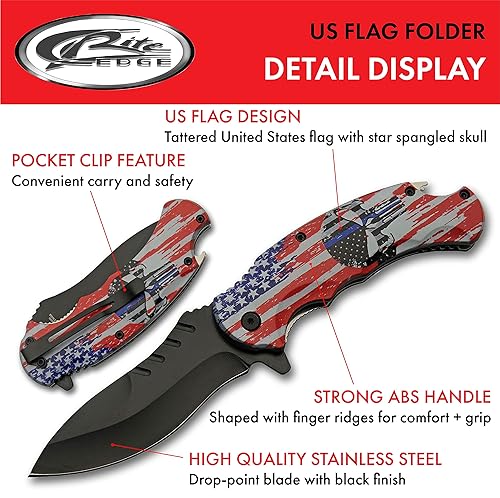 Miniatura 2 de SZCO Supplies Cuchillo plegable con bloqueo abierto asistido de bandera de calavera de EE. UU., rojoblancoazul