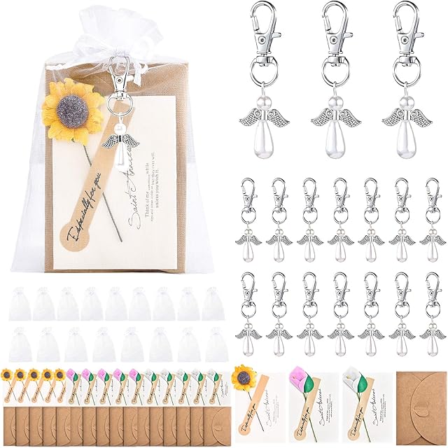 Pajaver 20 Sets Guardian Lucky Angel Keychain, Pearl Angel Wing with Gifts Tags & Organza Bags, Thank You Gift, Wedding favours for Guests, Birthday Christmas Gifts Baby Shower favours for guests
