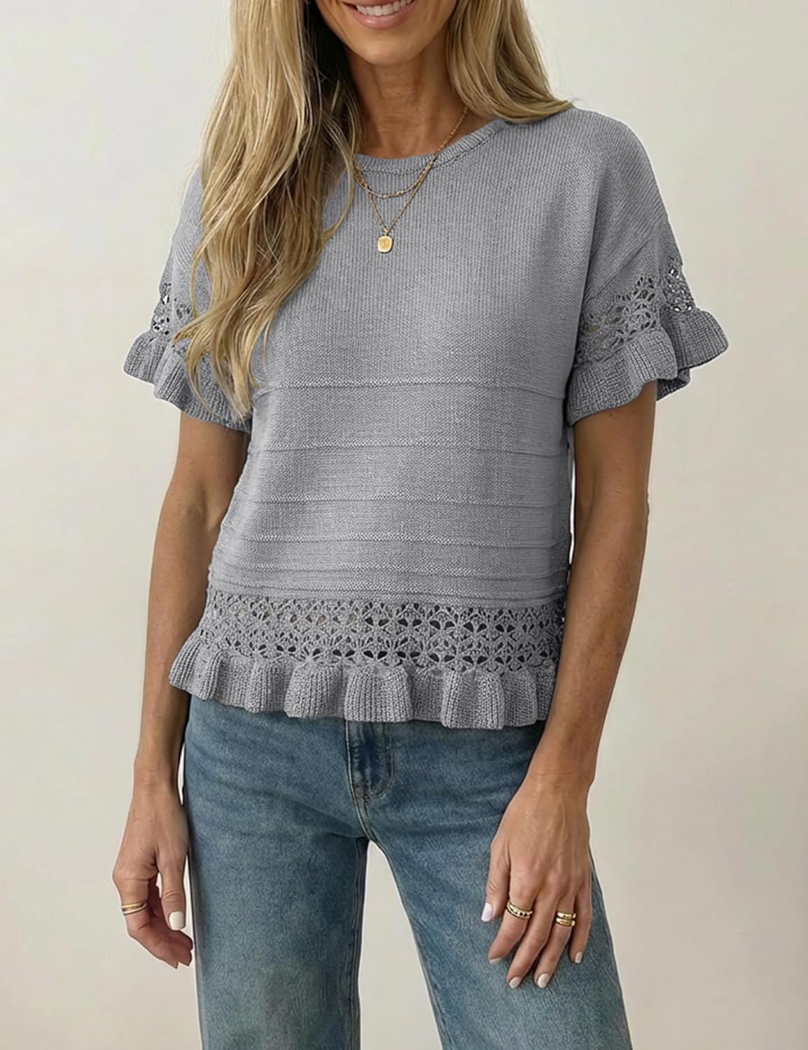 LaGracia Womens Short Sleeve Sweater 2026 Summer Round Neck Ruffled Hem Crochet Knit Pullover Fall Casual Tops 2026 - Image 2