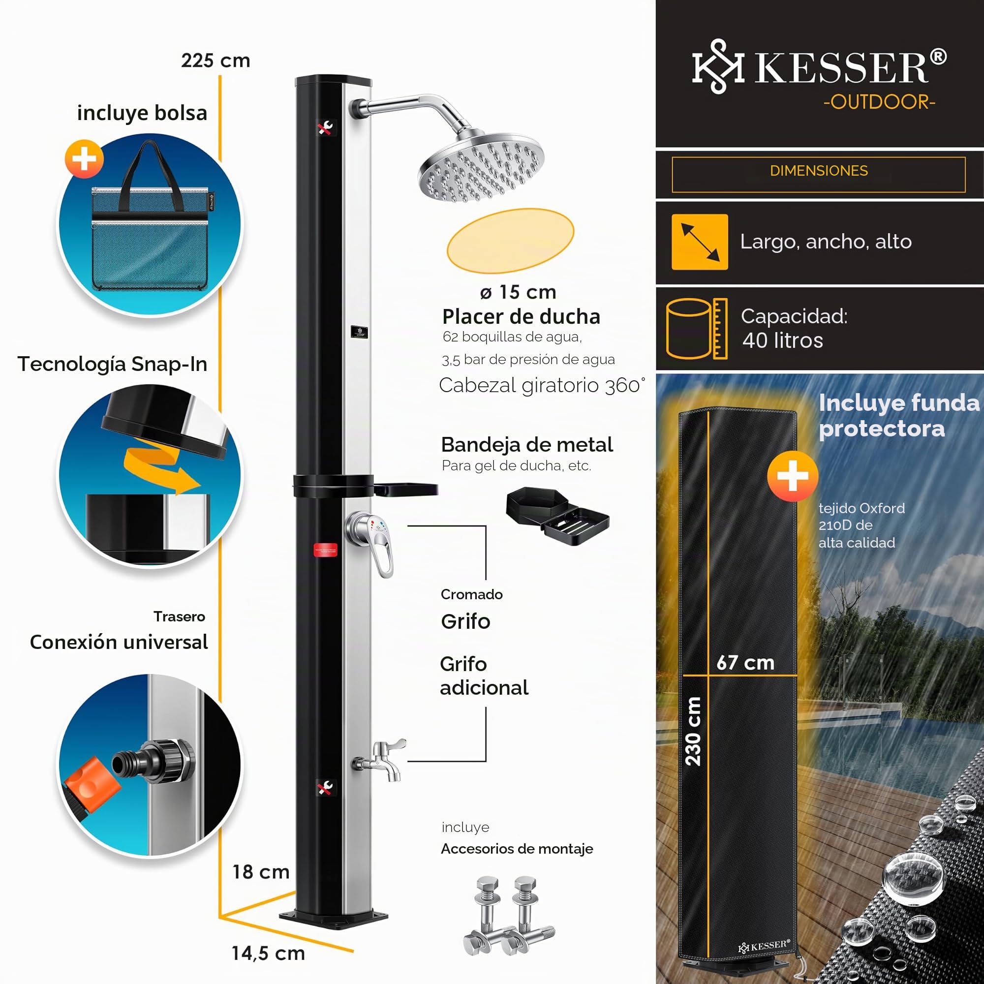 KESSER® Ducha solar de 40 litros para jardín, incluye bandeja de ducha de metal y cubierta protectora, agua caliente, máx. 60 °C, ducha para piscina, camping, cabezal de ducha de lluvia y grifo, color