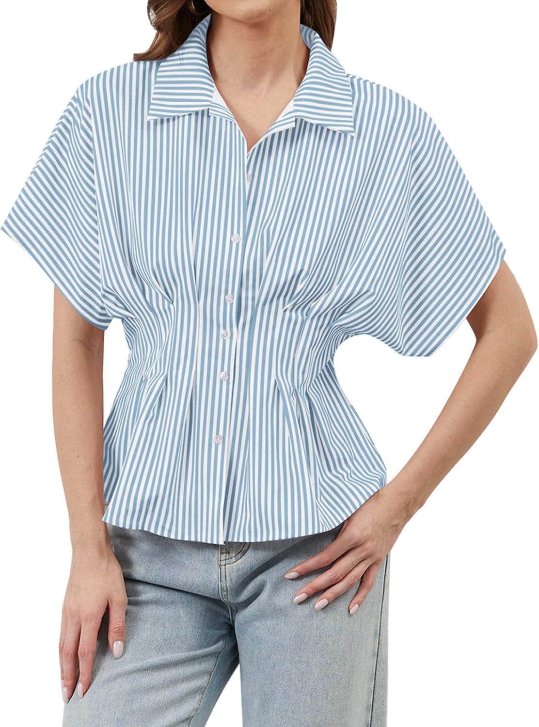Womens Striped Shirts Button Down Short Sleeve Pleated Peplum Blouses Dressy Casual Lapel Tops Summer Business Shirt - Image 4