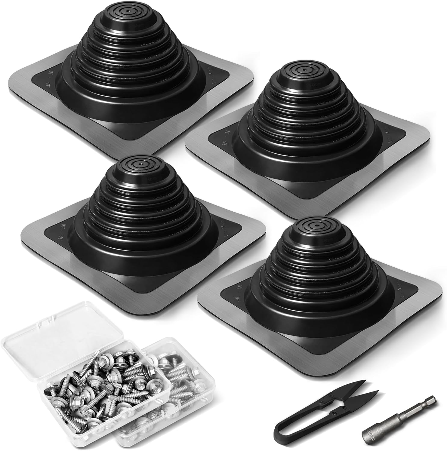 #3 Metal Roof Vents Flashing, Roofing Boots Kit for Houses Fits Pipe Od 1/4″ to 5-3/4″, Epdm Flexible Roof Jacks for Roofing, Roofing Screws & Hex Socket and Scissors Included – 4 Pcs