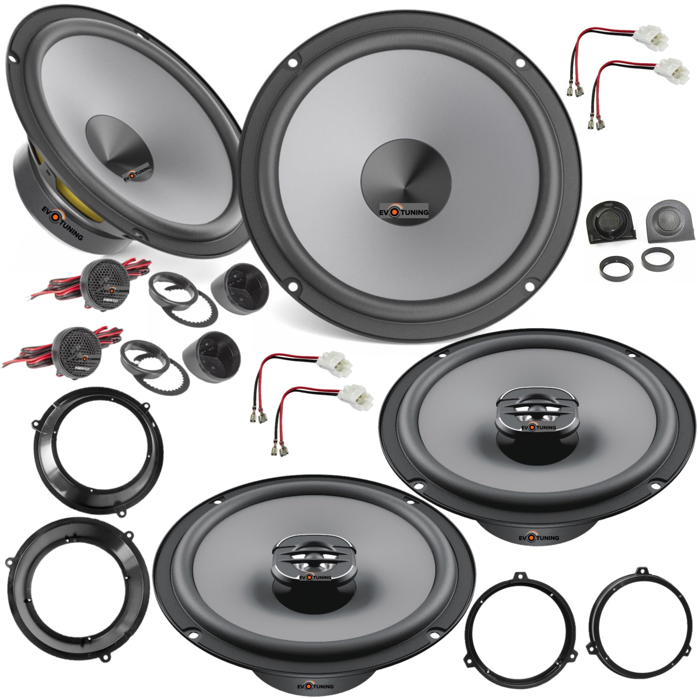 Kit 6 Casse Altoparlanti per Fiat Panda 169 dal 2003 al 2012 compatibile con Hertz K165+X165 Anteriori e Posteriori + 4 Anelli Adattatori da 165mm + 2 Cp Cavi + 1 Cp Griglie Tweeter