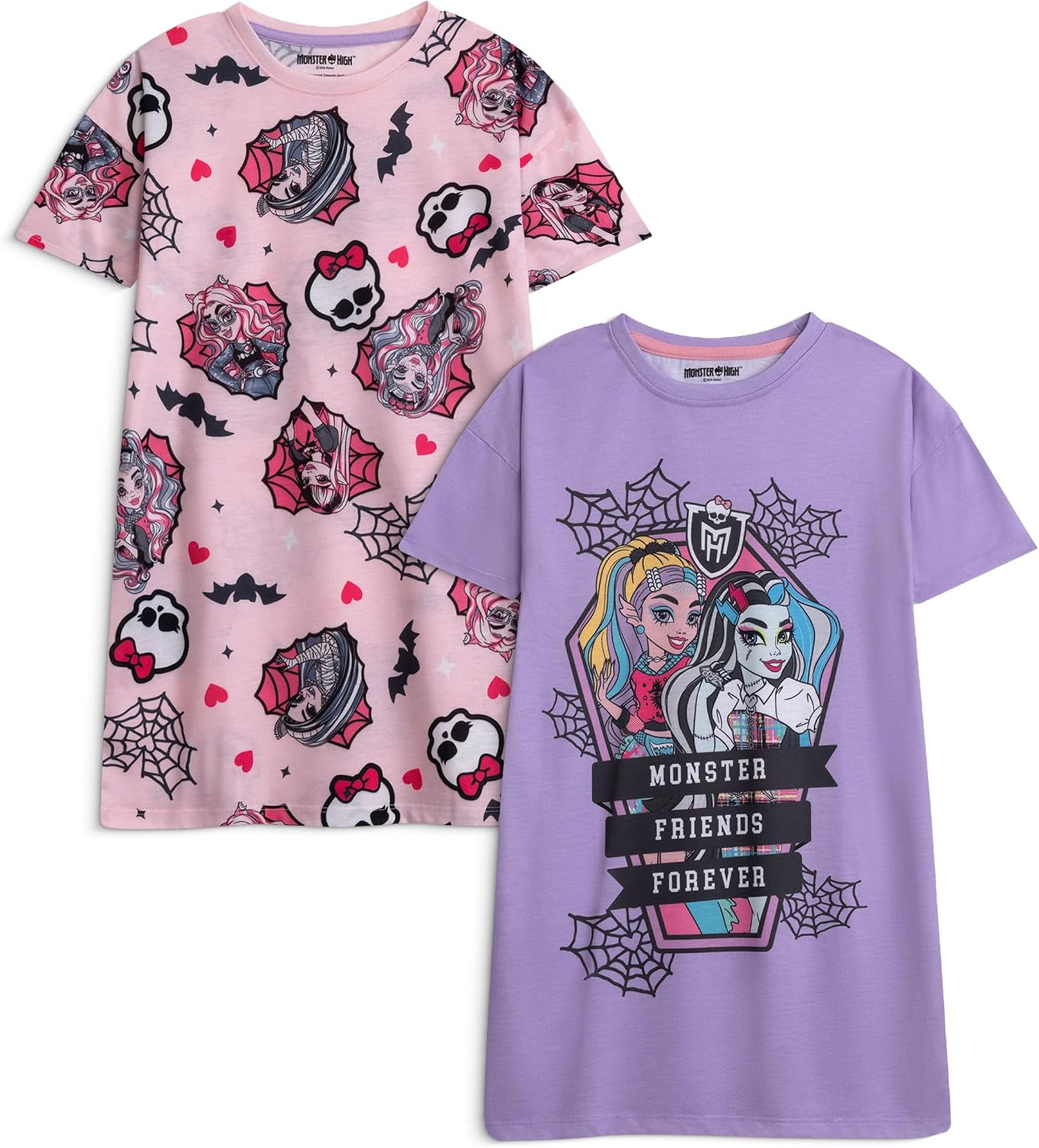 Monster High Draculaura Girls Purple & Pink Nightdress | Multi-Pack of 2 Short Sleeve Sleepwear Graphic Print