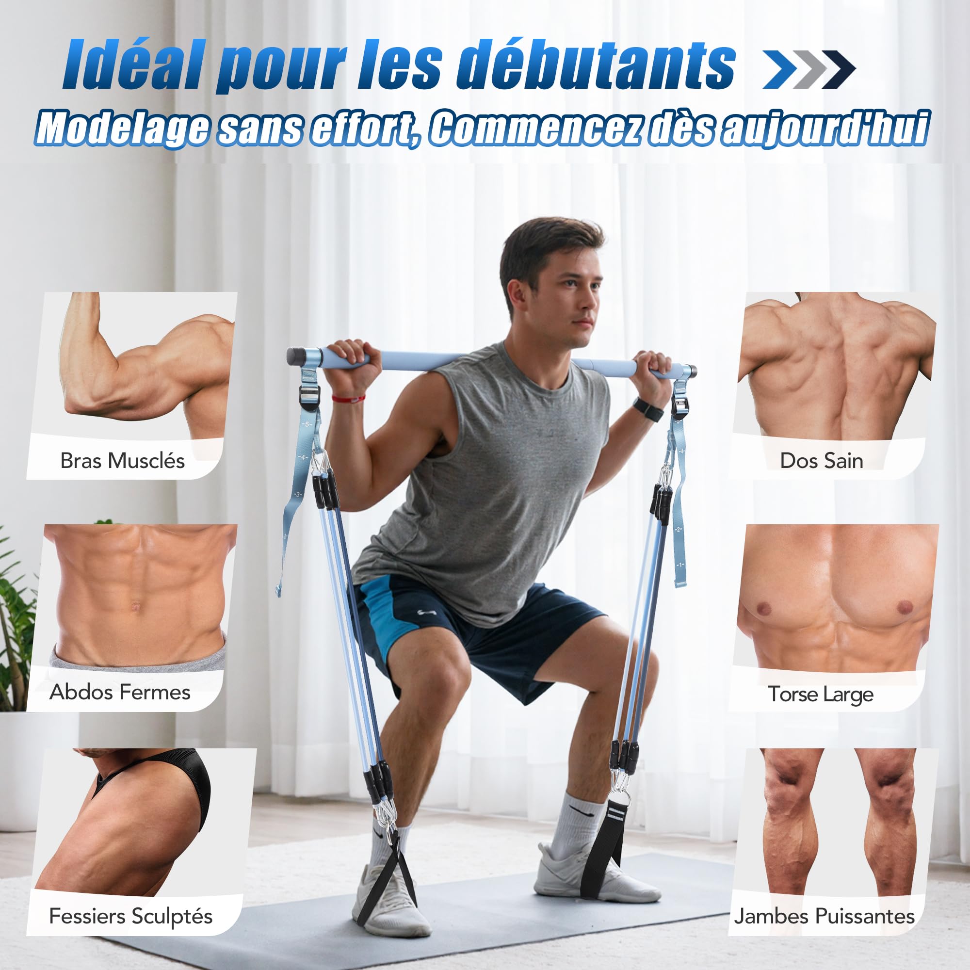 ALongSong Elastiques Musculation Sport Maison - Kit Barre de Pilates pour Homme Femme avec 6 Bandes de Résistance Élastique 20-180Lbs & Ancrage de Porte pour Complet Entraînement Yoga/Musculation