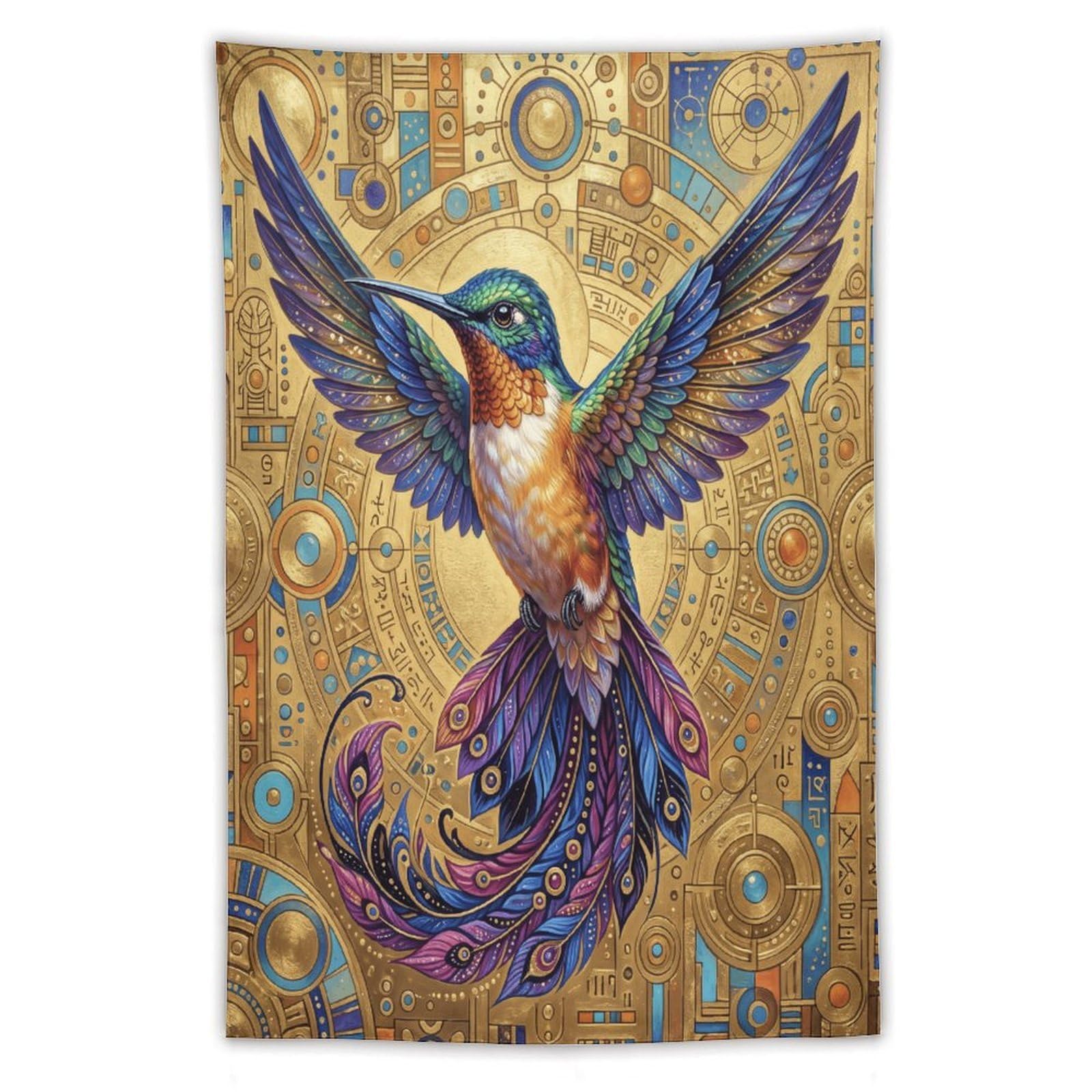 W7C8U2X3 Ornate Golden Hummingbird Wall Tapestry, Ceiling Hanging