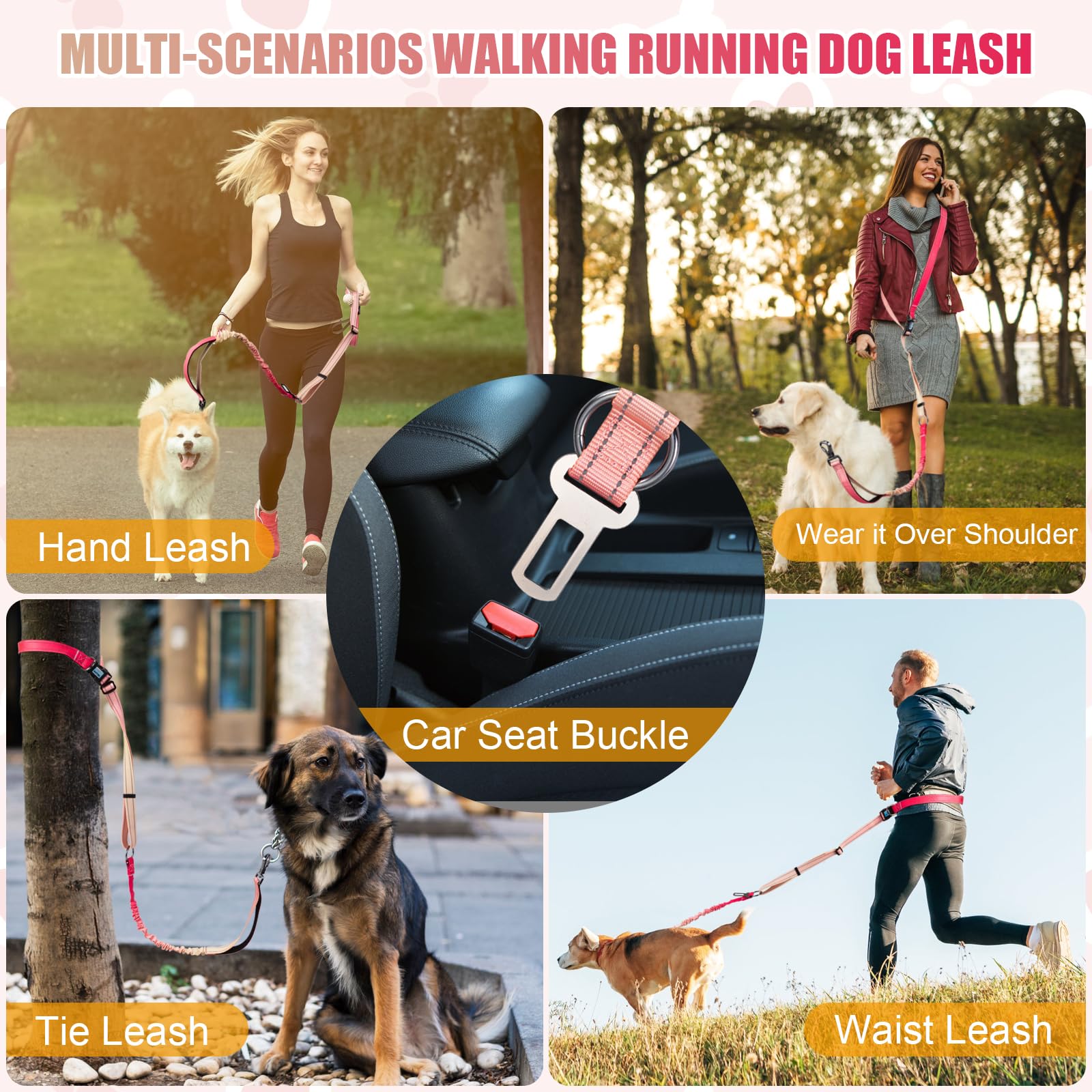 Laisse pour chien résistante mains libres, réfléchissante, taille réglable, avec poignées rembourrées, élastique absorbant les chocs et ceinture de sécurité de voiture pour chiens de grande et