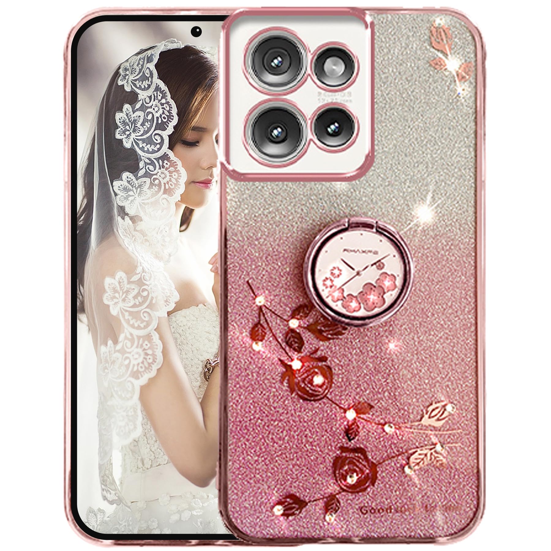 for Motorola Edge 50 Neo 6.4" Slim Case, Crystal Bling Clear Glitter Sparkle Diamond Flowers Floral Design Soft Silicone Cover with Ring Kickstand for Motorola Edge 50 Neo HSF-Pink