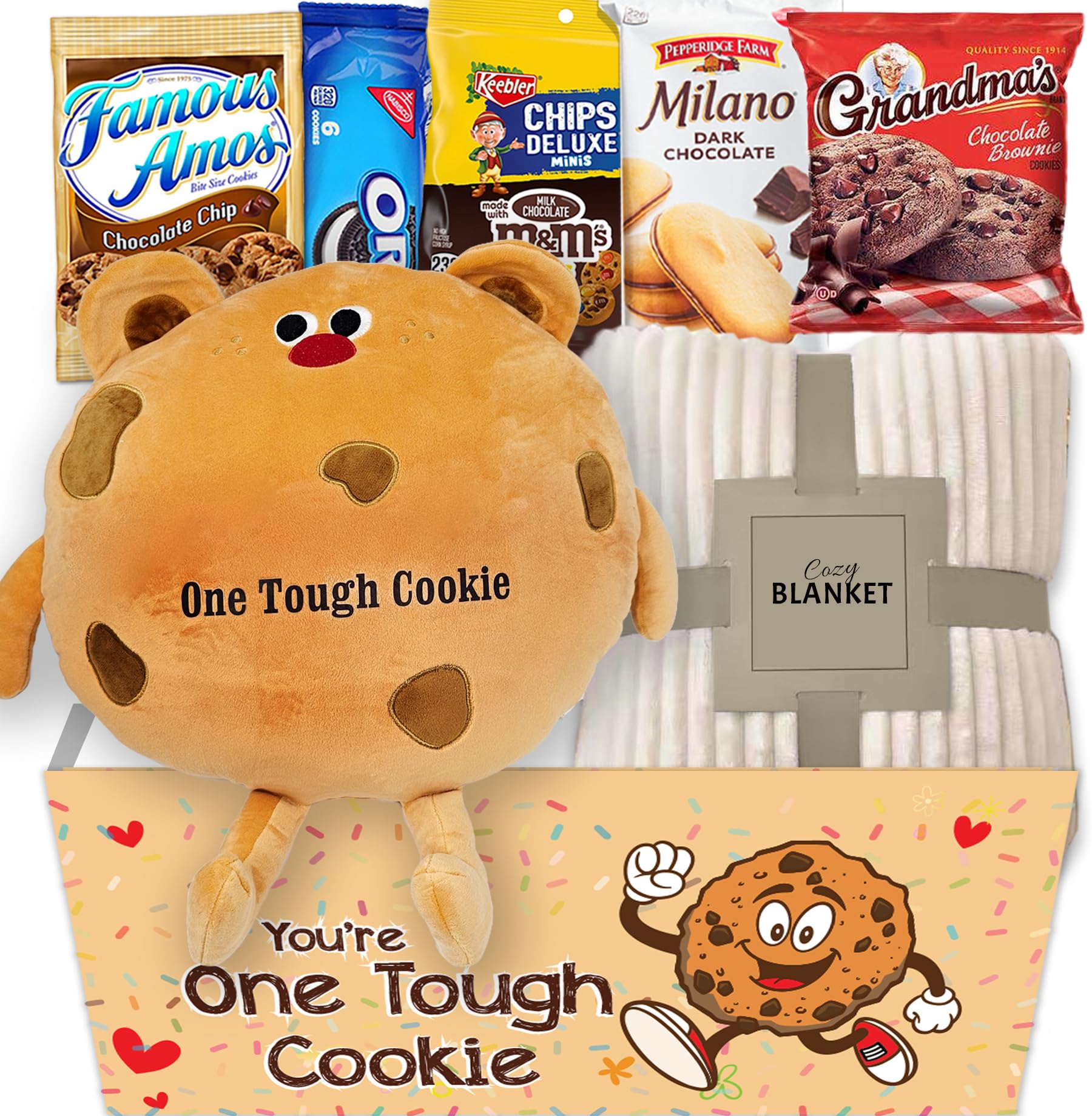 Get well Soon gift for Kids, Hospital recovery One Tough Cookie Gift Basket  w/Blanket, Care package Snack Box w/Cookie Pillow Feel better son