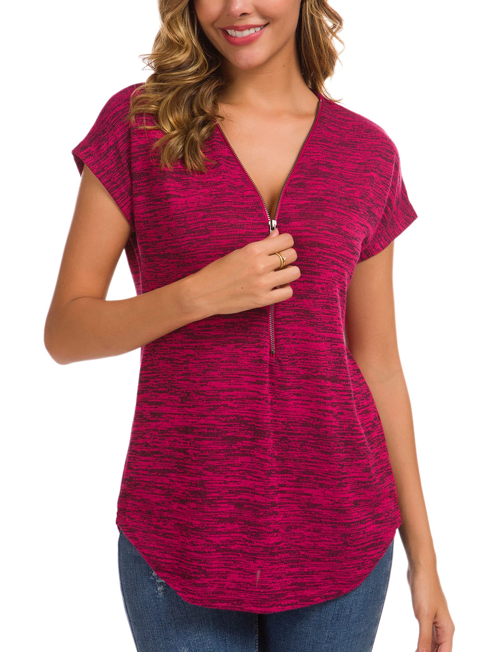 LUSMAY Women's Casual Zipper V Neck Short Sleeve Tunic Tops Loose Fitting T Shirts Blouse