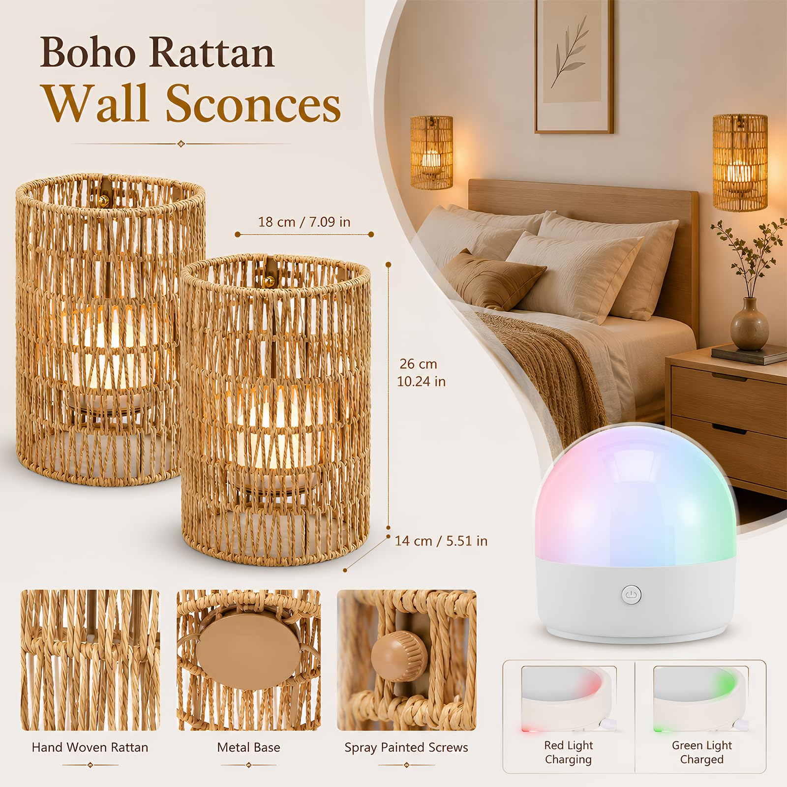2 Stück Boho Rattan Wandleuchte Innen Akku, Wandlampe mit Fernbedienung RGB Dimmbare Nachttischlampe Vintage Bambuslaterne Lampe ohne Stromanschluss für Schlafzimmer Wohnzimmer Treppen Flur