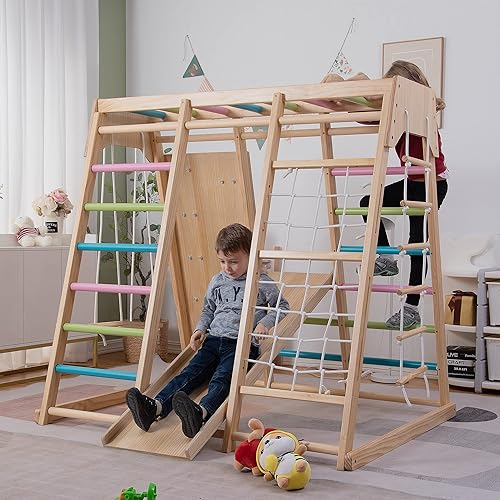 Avenlur Zona de juegos para interiores, gimnasio de la selva para niños, juego de madera para escaladores 6 en 1, tobogán de escalada en roca,