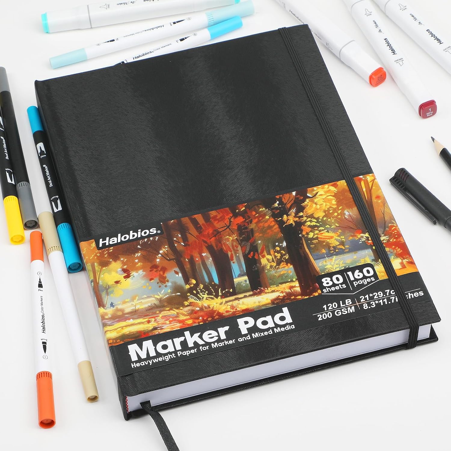 Halobios Square Sketchbook for Drawing, 120 lb/200 GSM A4 Mixed Media Sketchbook, 80 Sheets/160 Pages Portable Marker Drawing Paper Sketch Book for Alcohol Markers, Artists, Beginners（8.3”x11.7”）