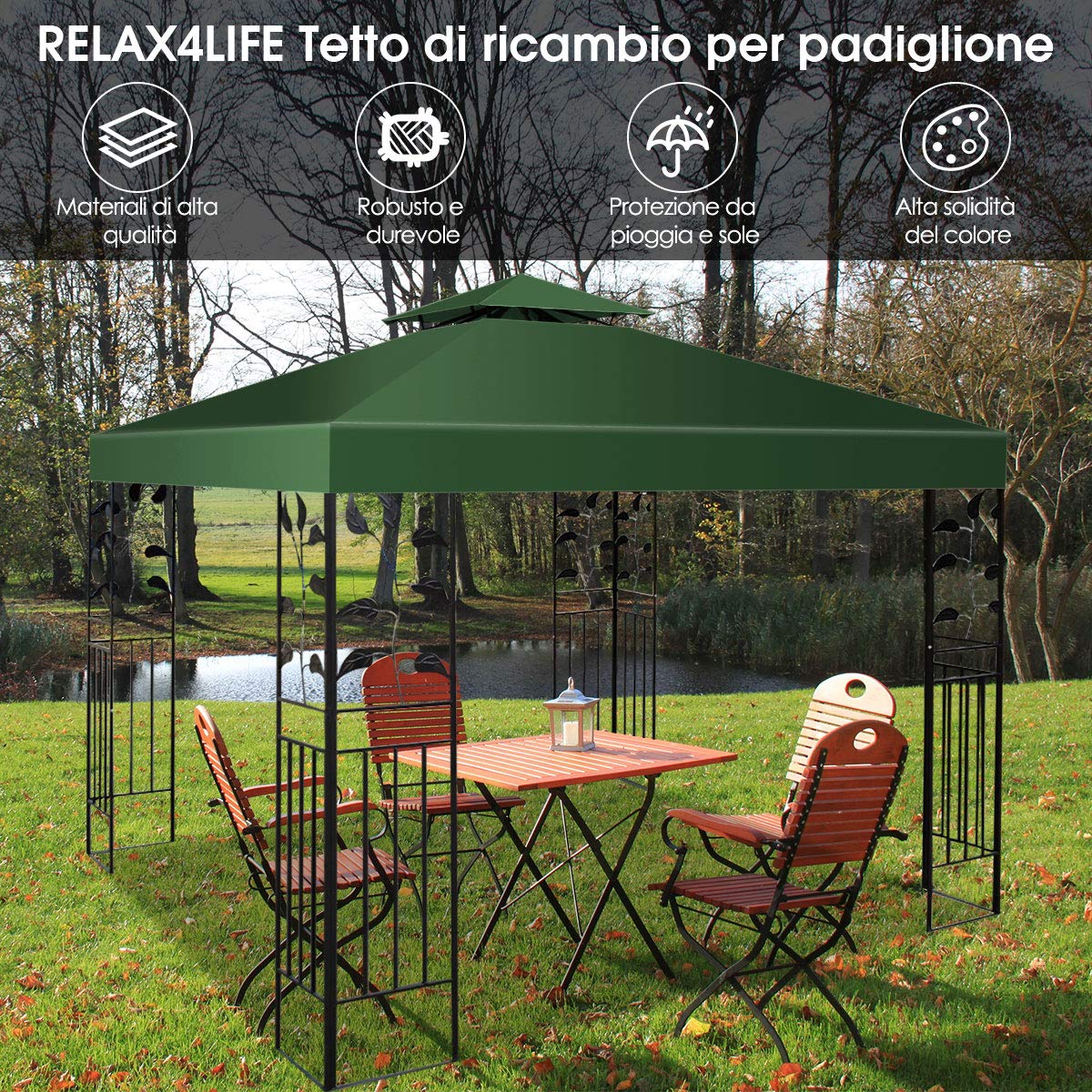 RELAX4LIFE Telo di Ricambio per Gazebo, Baldacchino a Doppio Strato con Camino Airvent, Tessuto Impermeabile, Telo Quadrato 3 x 3 m per Gazebo e Pergola Esterna (Verde)