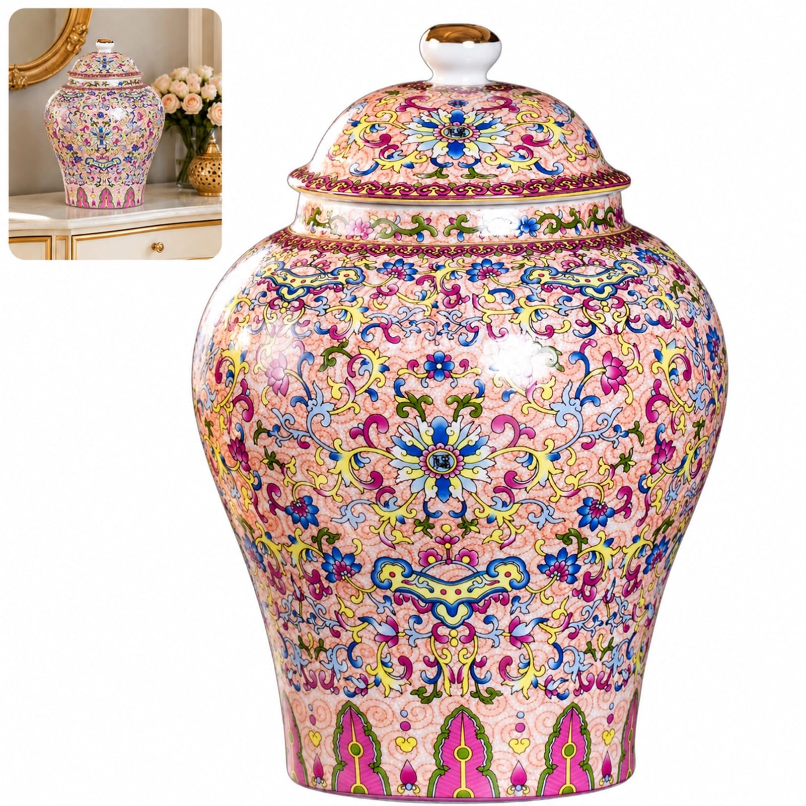 Ginger Jar With Lid Chinoiserie Ceramic Vase Vintage Chinese Porcelain Airtight Canister For Living Roomshelf