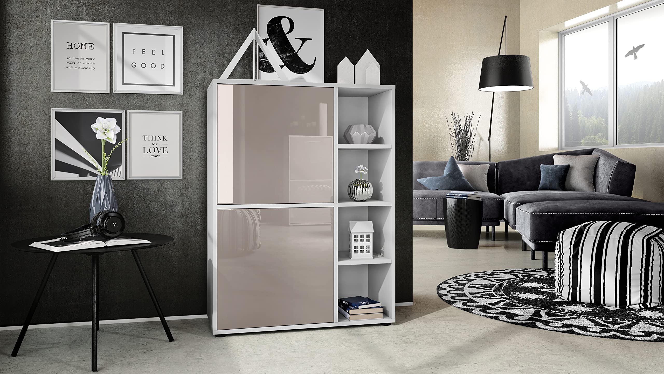 Vladon Highboard Schrank Anrichte Cuba mit 8 Fächern, Made in Germany, Korpus in Weiß matt/Fronten in Sandgrau Hochglanz