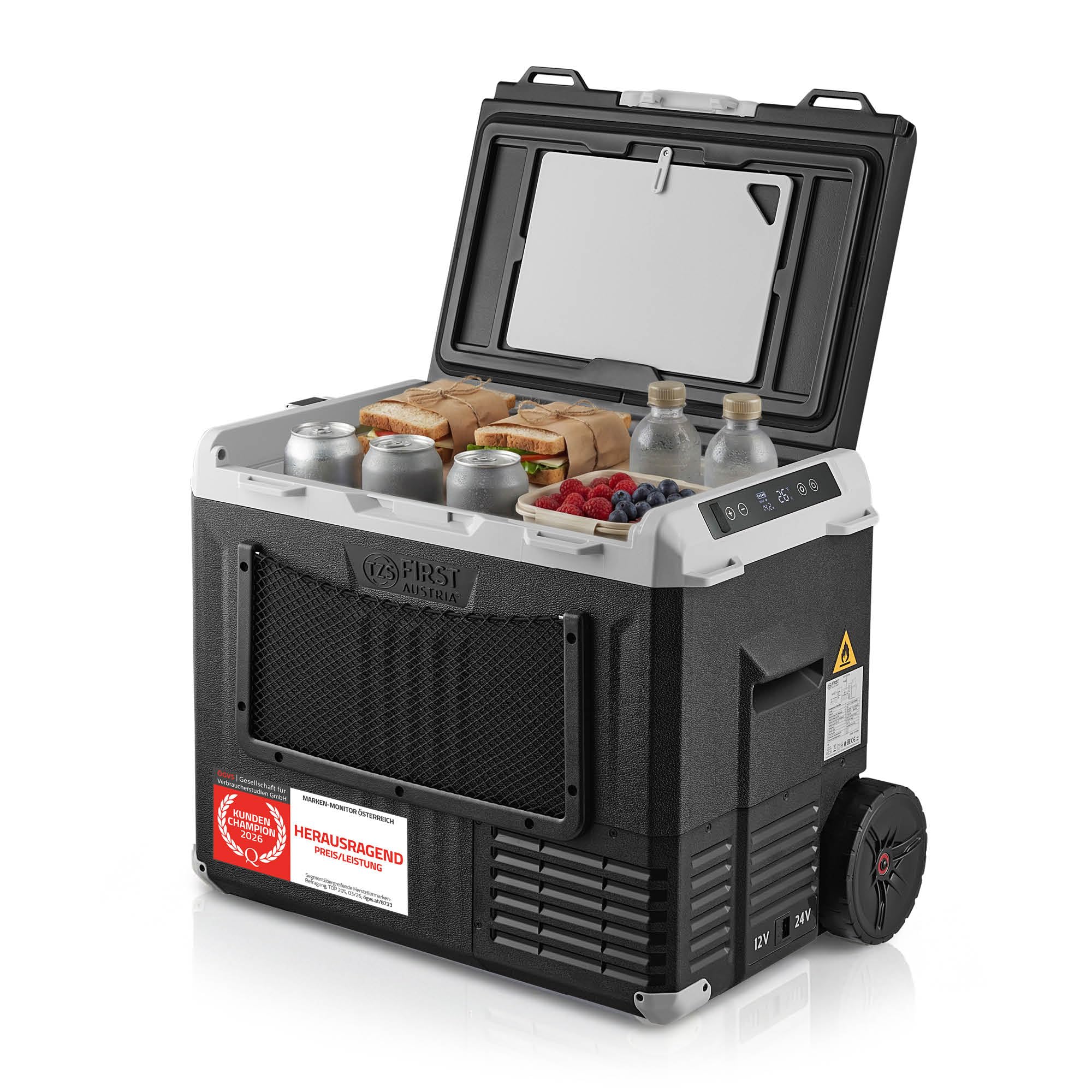 TZS First Austria - Kompressor-Kühlbox 40L - Energieklasse B - Kühlung bis -20°C - App per Bluetooth - 12/24V & 230V - USB-Ausgang - Trolley & Vollzubehör – Schwarz
