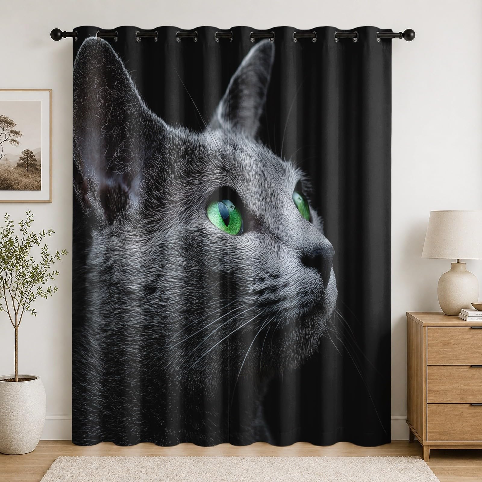 Rideau Occultant Chambre Thermique Isolant et Rideaux à Oeillets Salon Chat Bleu