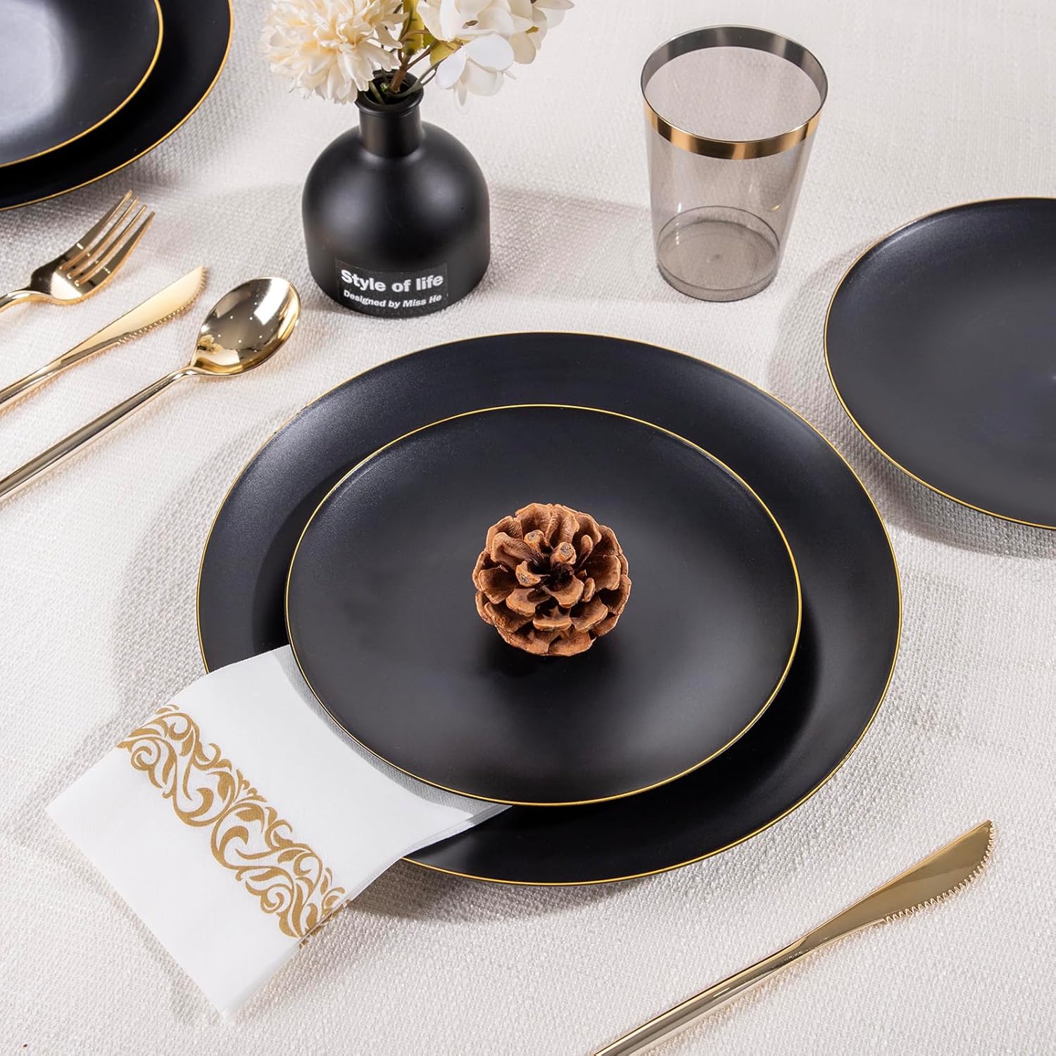 EI 350Pcs Black and Gold Matte Frosted Plastic Plates Disposable Heavy Duty,Dinnerware Set for Party Include 100 Disposable Plates,150 Silverware,50 Napkins,50 Cups for Party/Wedding/Events,Hotel - Image 6