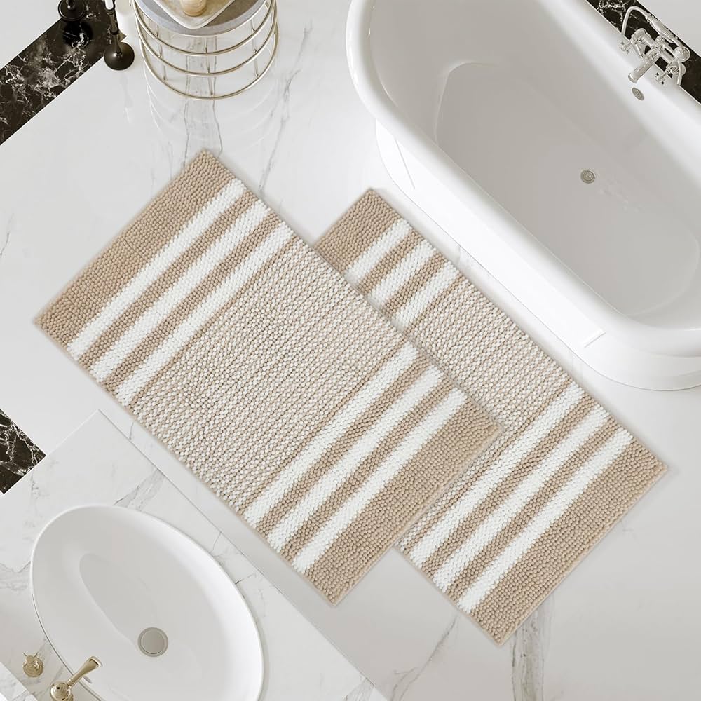 Starryle Bathroom Rugs Set 2 Piece, Extra Soft and Absorbent Fluffy Striped Chenille Bath Mat Rug Set, Non Slip Bathroom Floor Mat, Machine Washable (20" x 32" Plus 20" x 32", Khaki)