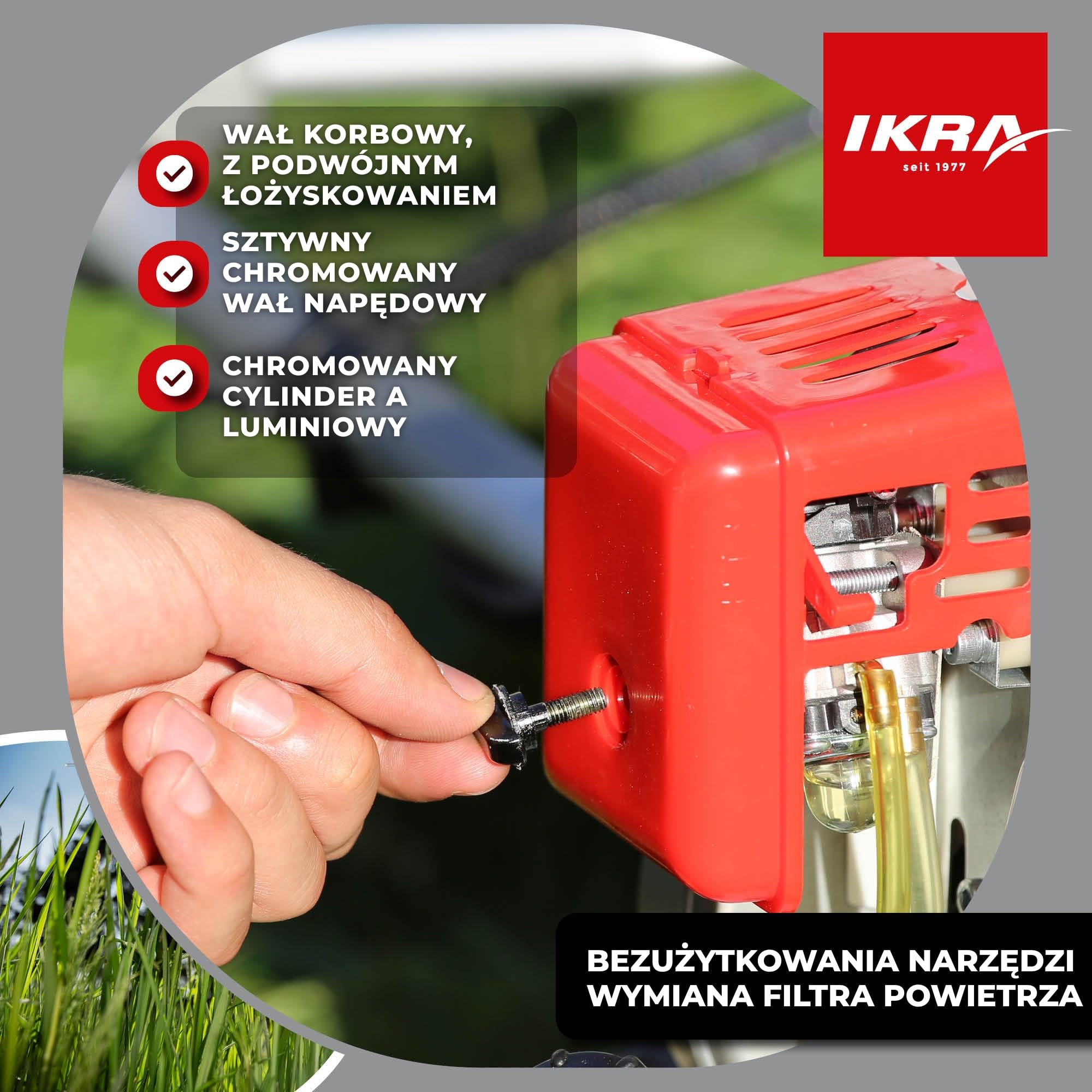 IKRA Podkaszarka spalinowa IBF 31-4, 31 cm³ 0,7 kW bogaty zestaw akcesoriów | W zestawie nóż 3- i 8-zębny, szpula, profesjonalny pas naramienny i osłona, mocny silnik 4-suwowy,łatwy start