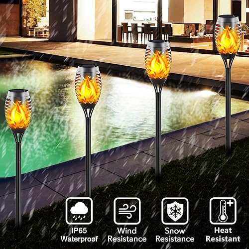 Miniatura 5 de Paquete de 16 antorchas solares con llama parpadeante, 12 luces LED de paisaje al aire libre – Antorchas Tiki impermeables del atardecer al amanecer