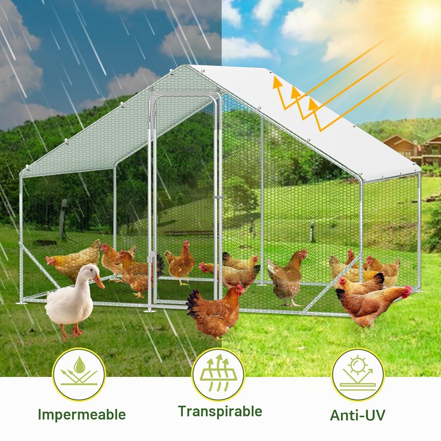 Gallinero con zona libre, 3x2x2m con cerradura de seguridad y tela impermeable de PE, fácil de limpiar, zona libre para gallinas, jaula para pájaros, pequeños animales y plantas
