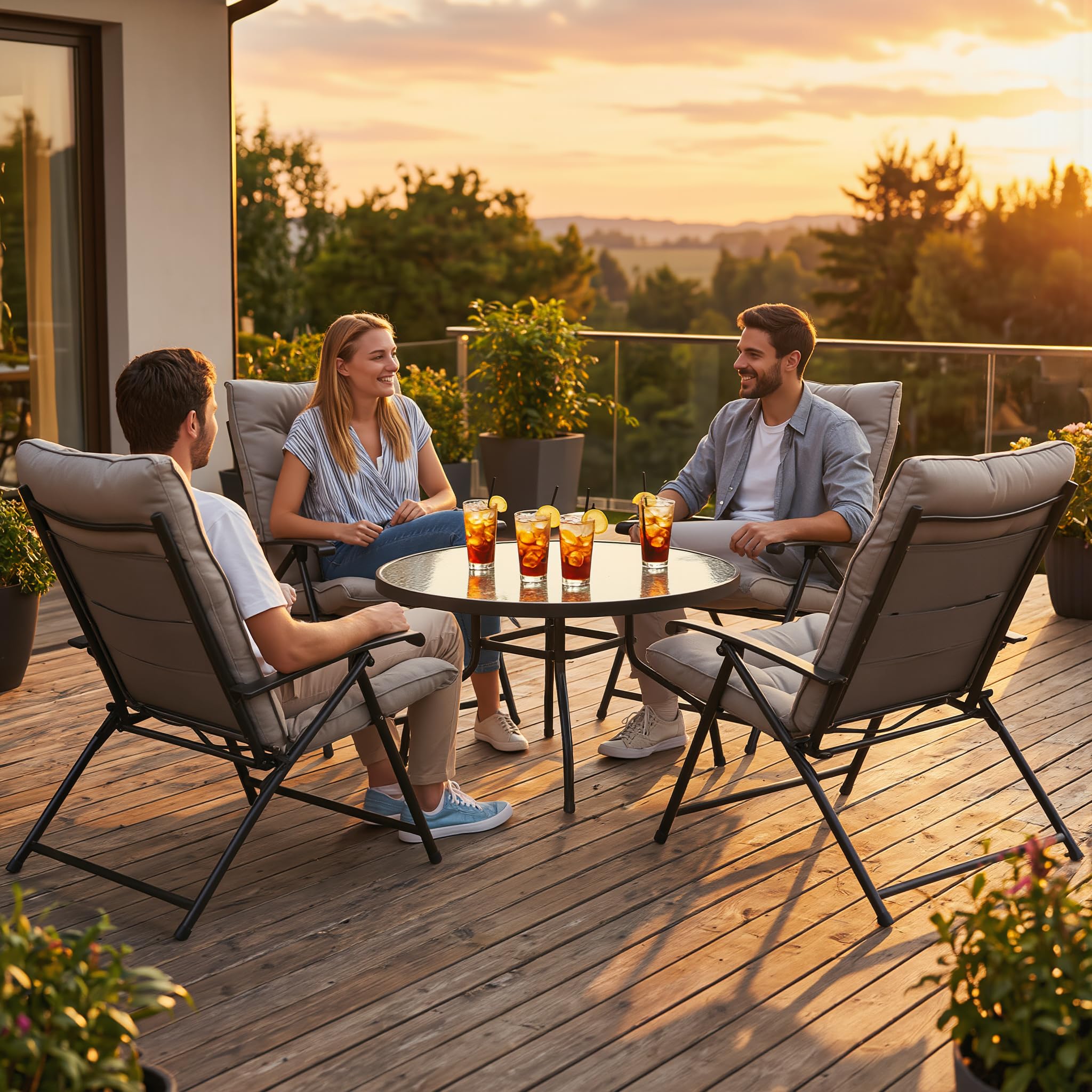 Set da Giardino Pieghevole 5 Pezzi SANTORINI – 4 Poltrone Reclinabili con Cuscini Beige + Tavolino Rotondo Ø86 cm Vetro Temperato – Schienale Regolabile 2 Posizioni – Arredo Giardino Salvaspazio