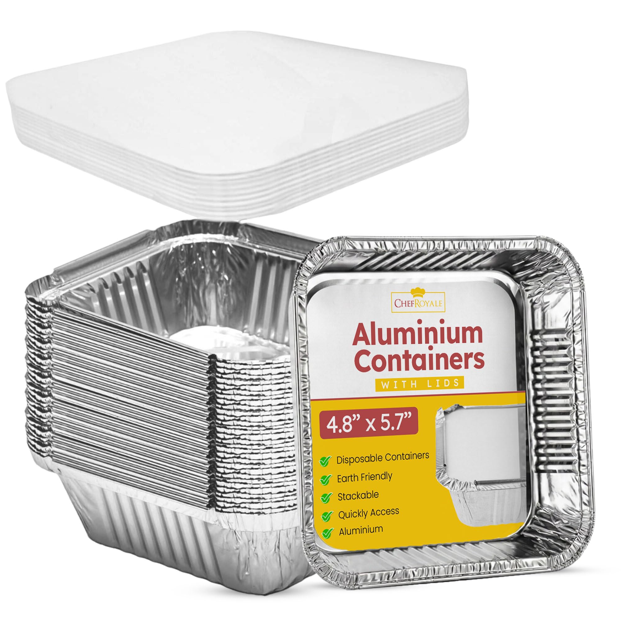 CHEF ROYALE 25 x Aluminium Foil Containers with Lids - Size No 2- Foil Food Storage containers - Disposable Trays Containers - Ideal for Baking, Cooking & Meal Prep and Takeaway