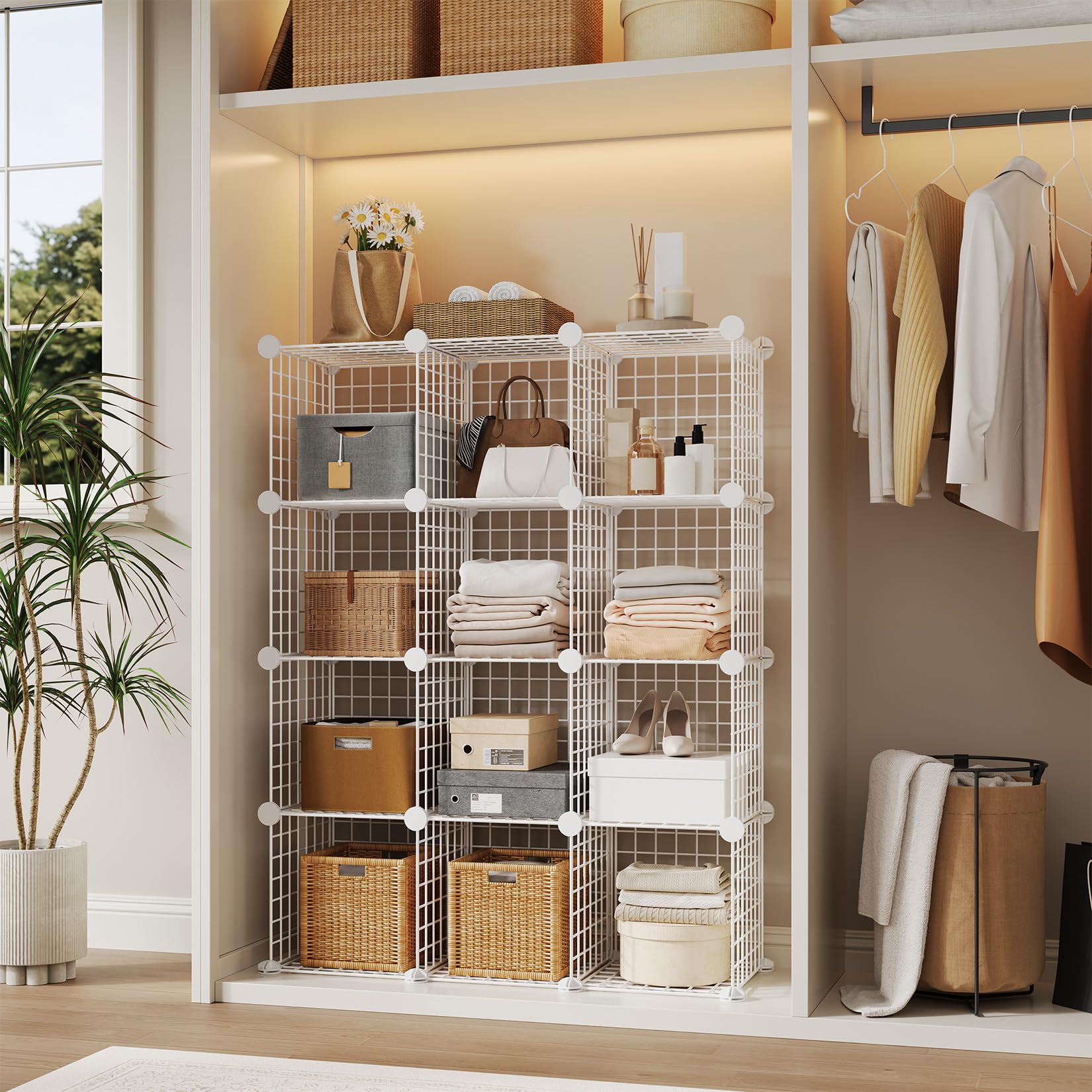 Scaffale a griglia metallica a 12 cubi, per camera da letto, ufficio, ingresso, fai da te, 94 x 32 x 97 cm, bianco, versatile e salvaspazio