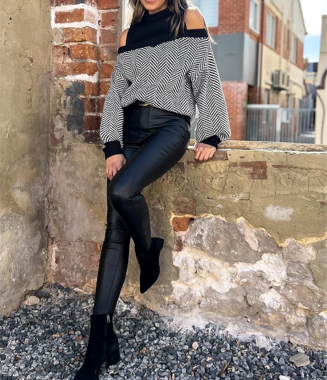 Womens Striped Sweater Top Cable Knit Color Block Cold Shoulder Long Sleeve Casual Trendy Pullover Shirts Top