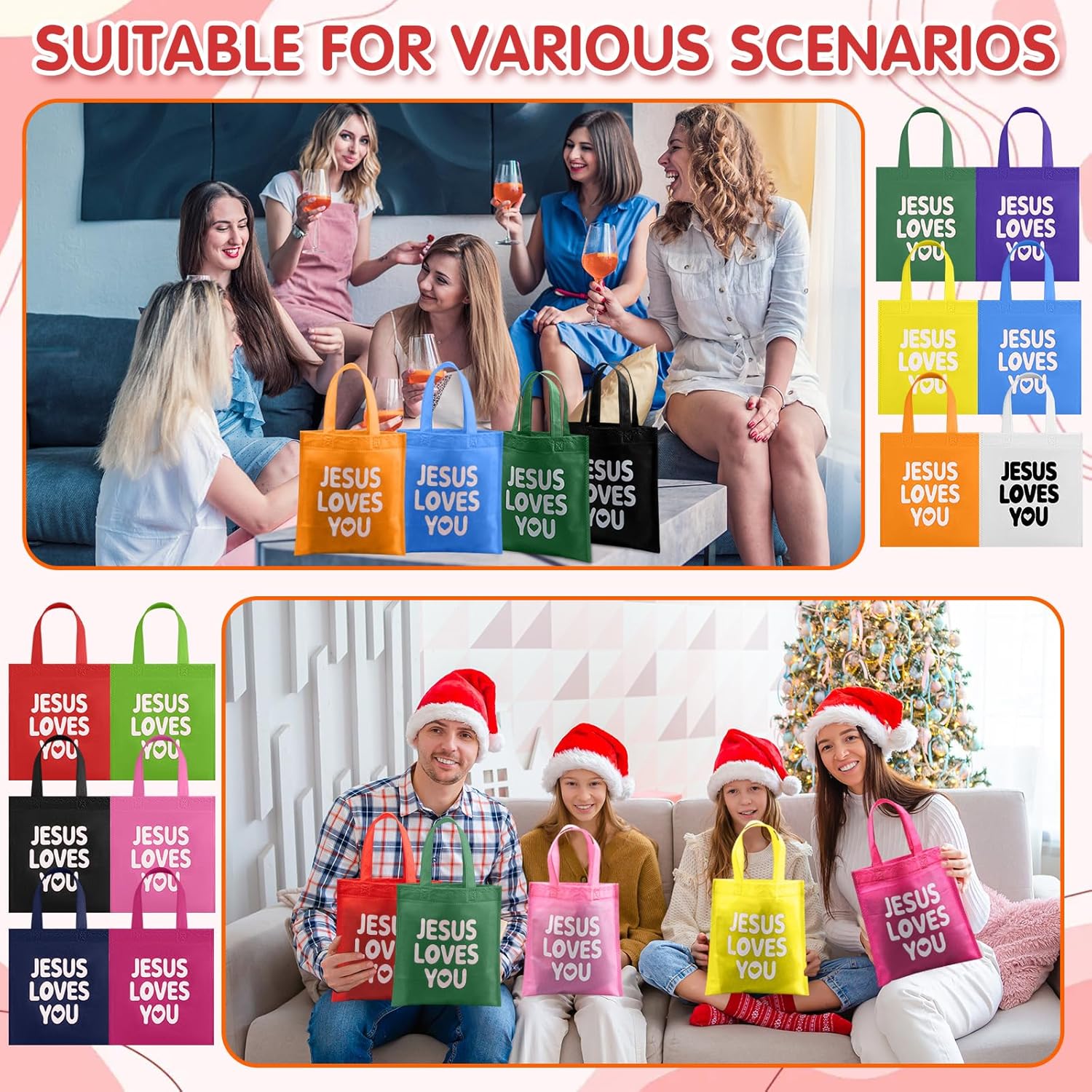 Amylove 24 Pcs Jesus Loves You Gift Bags Bulk Reusable Christian Religious Gift Bag with Handles Non Woven 9.84 x 11.81 Inch Candy Treat Tote for Easter VBS Church Sunday School Jesus Birthday - Image 3