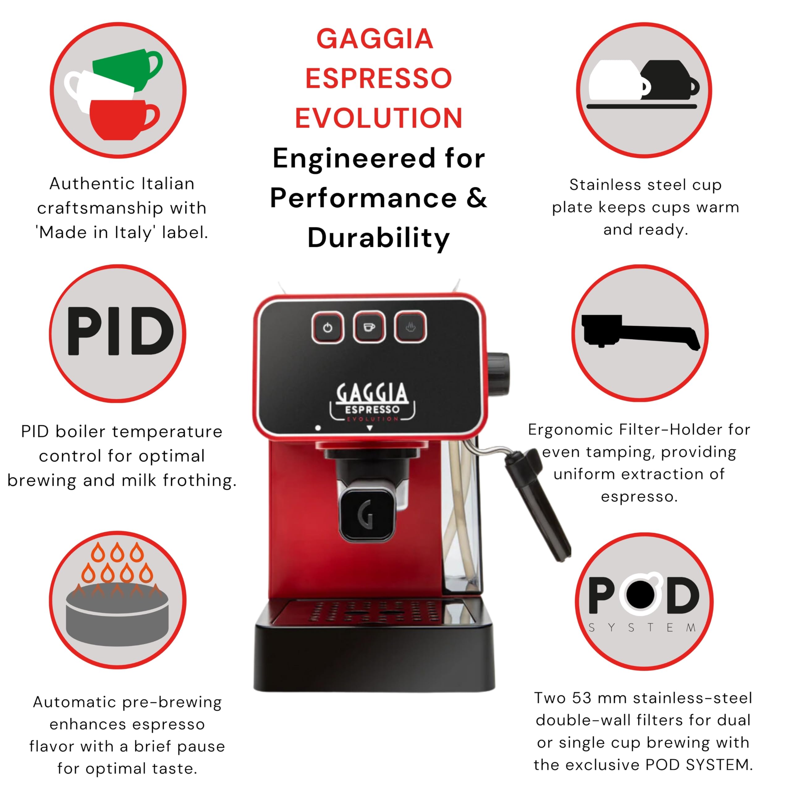 Gaggia Espresso Evolution Red | PID Kesseltemperaturregler | Kaffeemaschine Made in Italy | Automatische Vorbrühautomatik | Siebträger 53 mm | Espressomaschine mit Pumpe | Amerikanisch