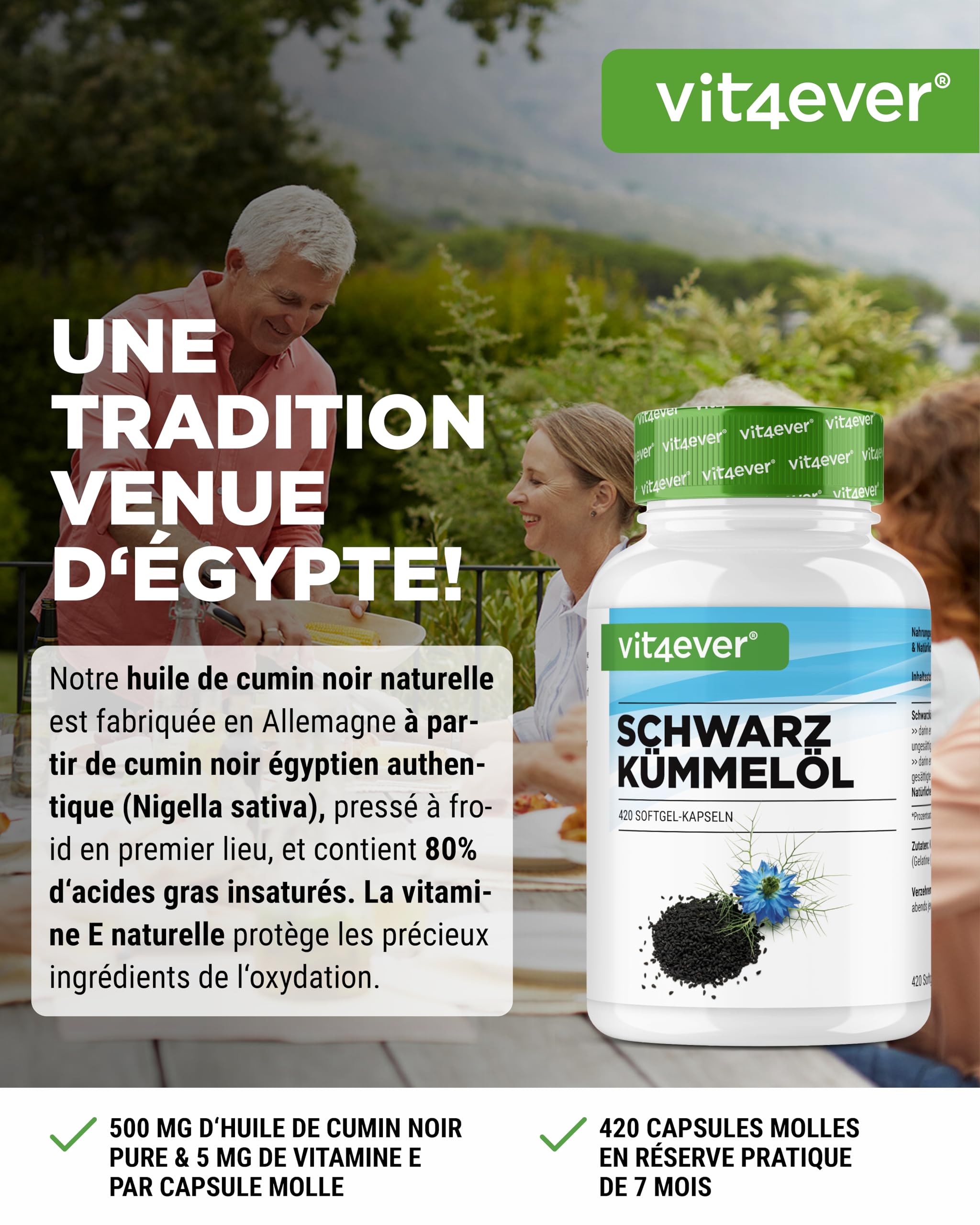 Huile de Cumin Noir - 420 capsules - 1000 mg par Portion Journalière - Egyptienne, Naturelle & Pressée à Froid - Véritable Nigella sativacapsules d'Huile de Cumin Noir à Haute Dose.