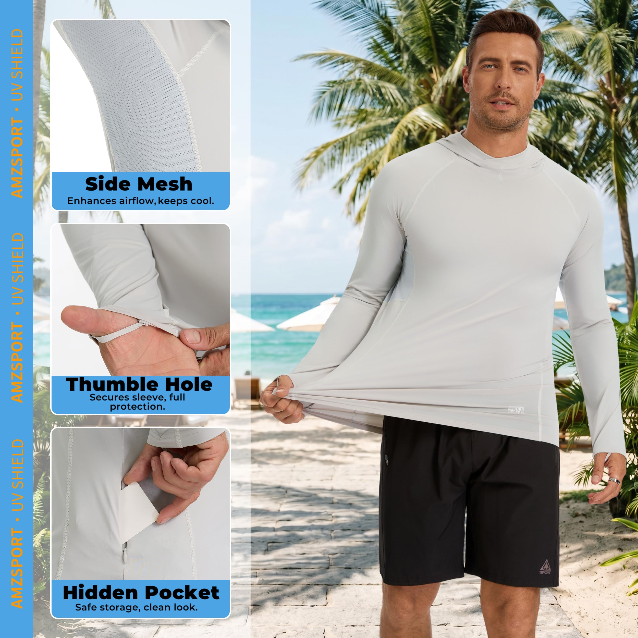 AMZSPORT Sudadera con Capucha UPF 50+ para Hombre, Camiseta de Manga Larga con Protección Solar UV, Rashguard