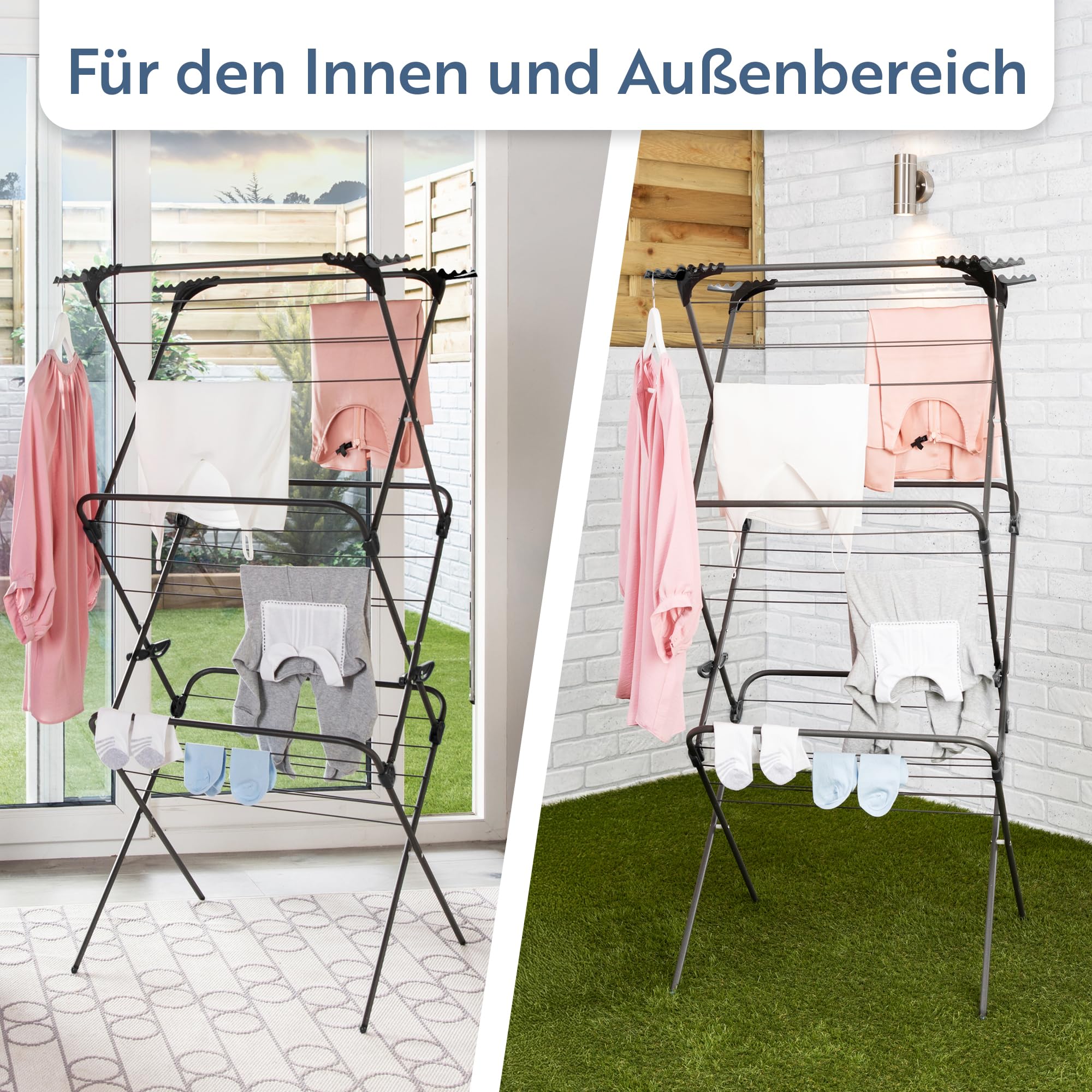 Minky Premium Sure Grip 3-stufiger Wäscheständer, Innen- und Außenbereich, rutschfeste Stangen, klappbar, inklusive 4 Eckhaken