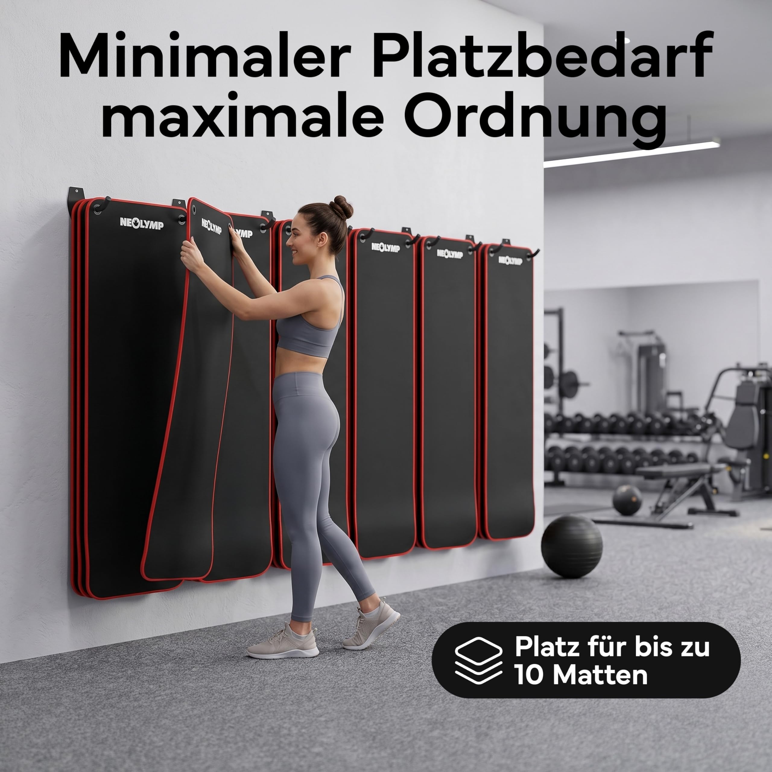 NEOLYMP Wandhalterung für Fitnessmatten mit Ösen 2er Set - Platzsparende Mattenaufhängung - gehärteter Stahl, gummiert inkl. Fischer Dübel - Halterung für Yogamatte, Gymnastikmatte, Sportmatte