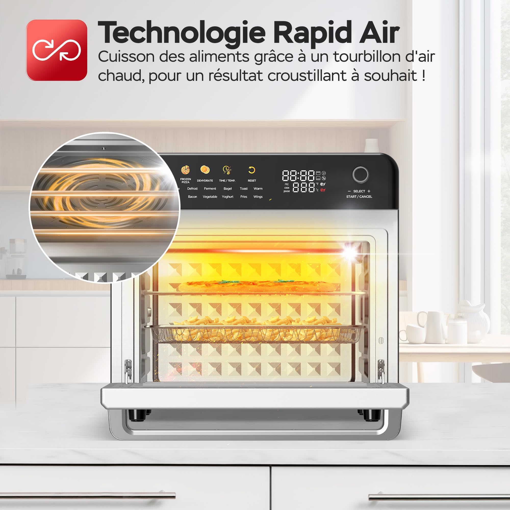 TurboTronic Four multi-intelligent, 19 en 1, four à air chaud, friteuse à air chaud, 2100 W, puissance 34 l, jusqu'à 0,5 kg de frites, mini four avec fonction déshydratation 40-230 °C, grill Airfryer