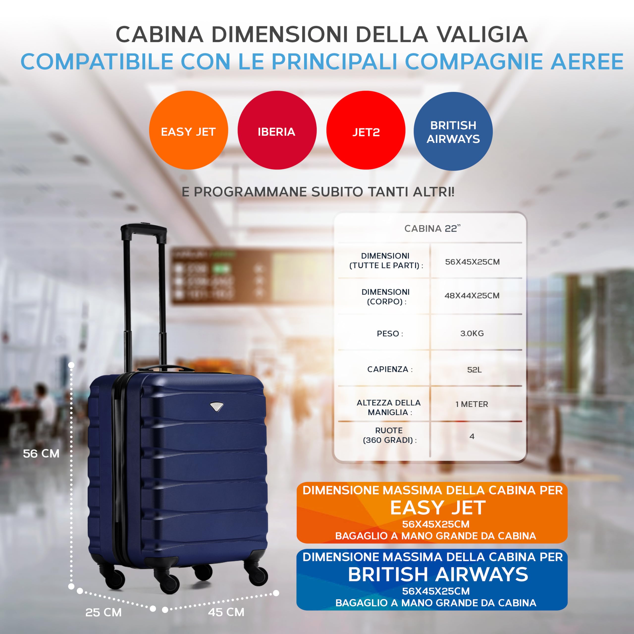Flight Knight Valigie Rigide in ABS Leggere a 4 Ruote - Bagaglio a Mano Da Cabina Approvato per Compagnie Aeree Come British Airways E Dimensioni Massime per Easyjet Borsa Da Cabina Grande 56x45x25cm