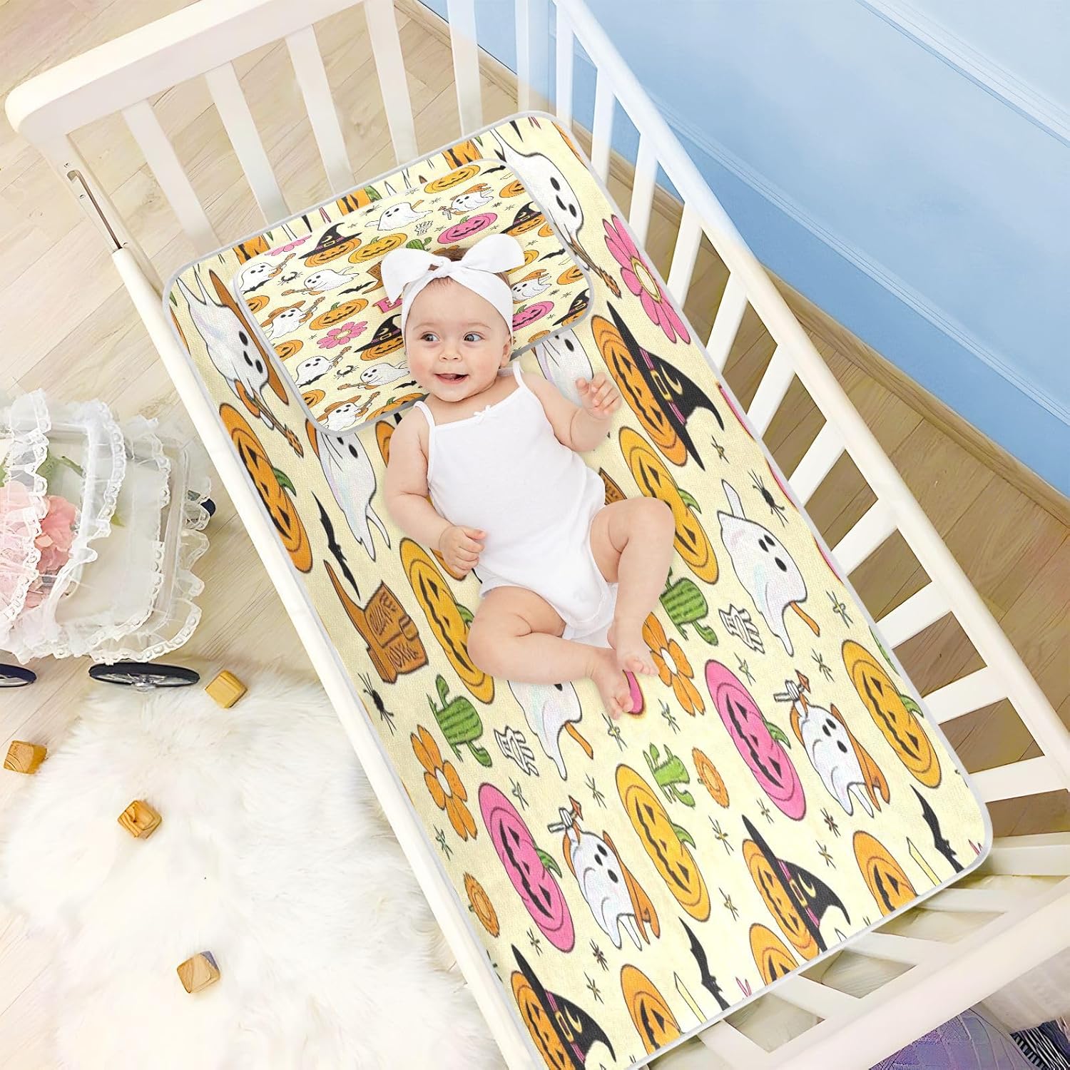 Cooling Baby Waterproof Crib Mattress Cover 28" x 52" Washable Spooky Ghosts Cowboy Cute Halloween Pads for Bed for Baby&Toddler