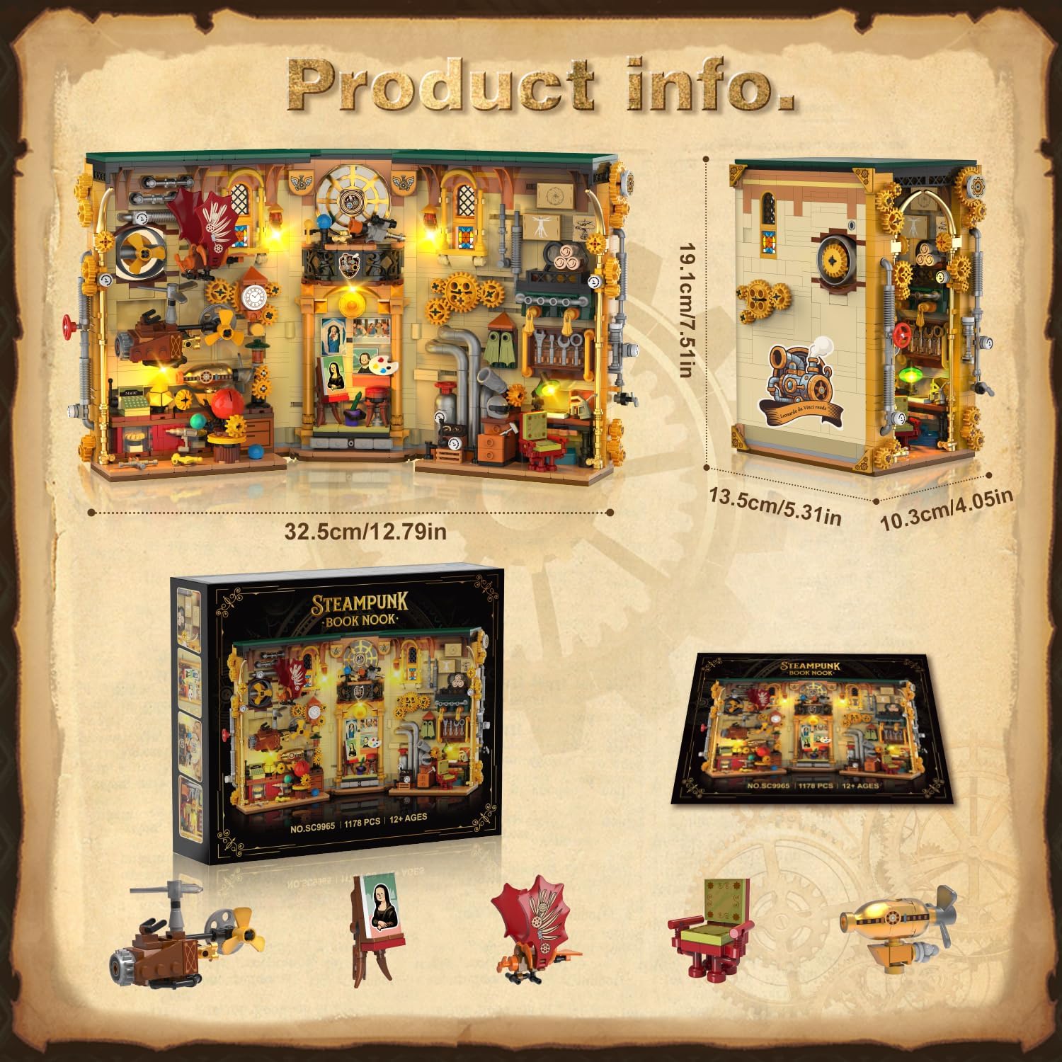 INSOON Steampunk Book Nook Building Set with Lights, DIY Booknook Kit for Home Bookshelf Insert Decor, 1178 PCS Bookend Miniature House Building Block, Easter Gift for Adults Kids Boys Girls Age 12+