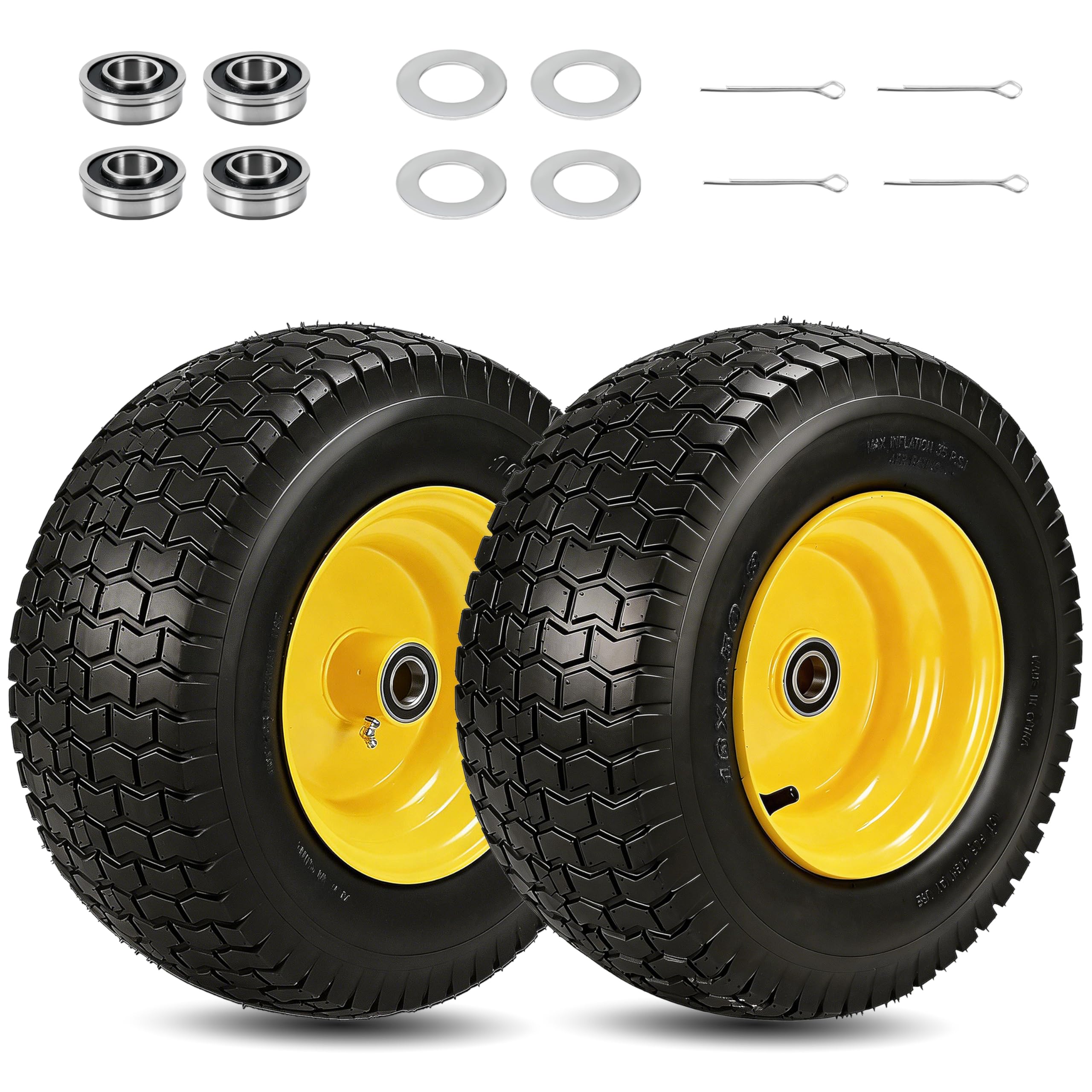 2 Pcs 16x6.50-8 Tubeless Lawn Mower Tire and Wheel with 1" &amp; 3/4" Bearings