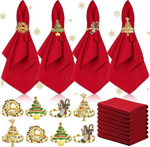 EBOOT Juego de 16 servilletas y anillos de Navidad, 8 servilletas lavables de tela roja y 8 anillos de Navidad para decoración de mesa de Navidad,